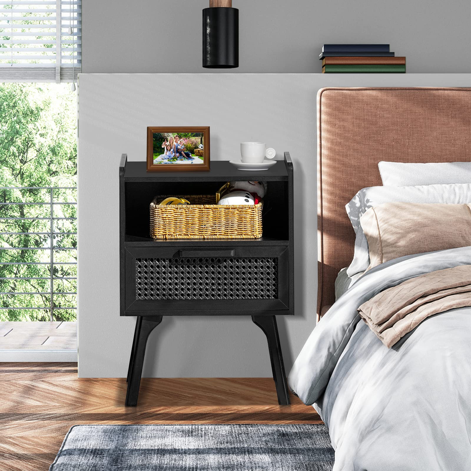 Lerliuo Rattan Nightstand, Boho Side Table with Drawer Open Shelf