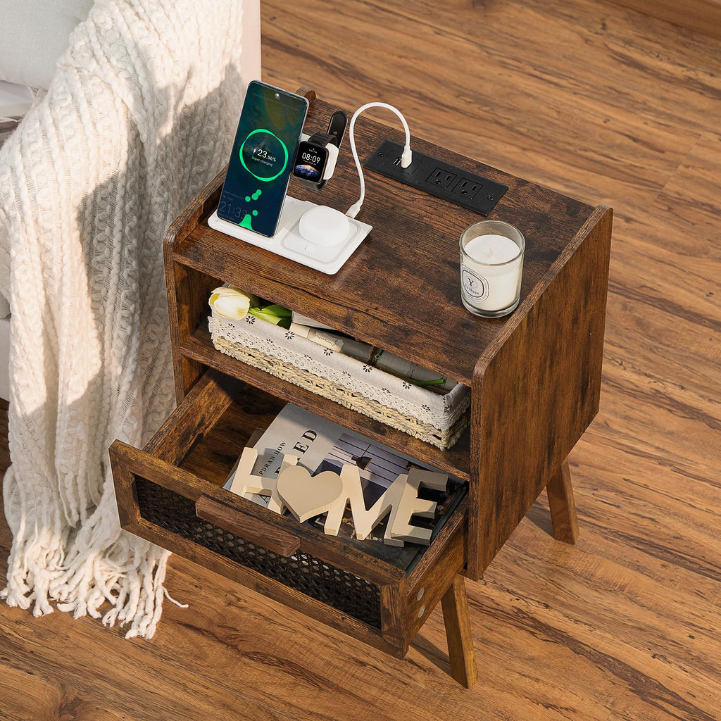 Lerliuo Rattan Nightstand with Charging Station, Boho Night Stand