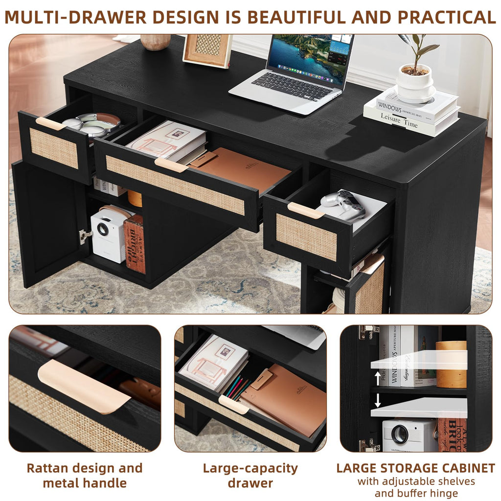 LEYAOYAO Office Desk 56" with 5 Drawers Storage File Cabinet, Natural