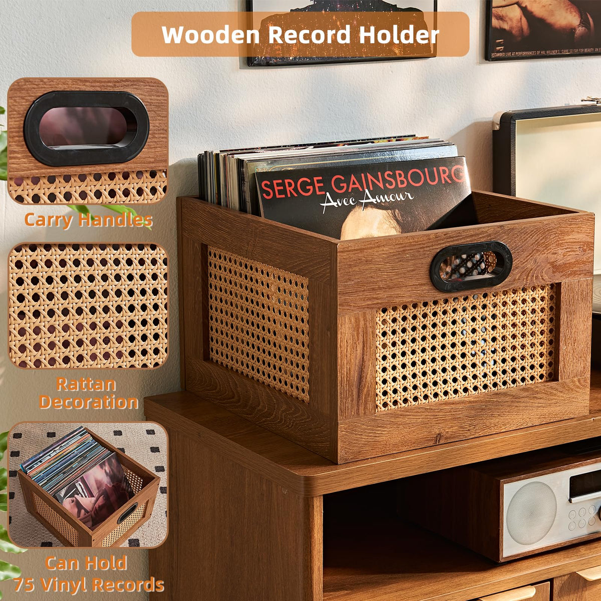 LEYAOYAO Vinyl Record Storage, Rattan Record Crate for Vinyl Albums Holder