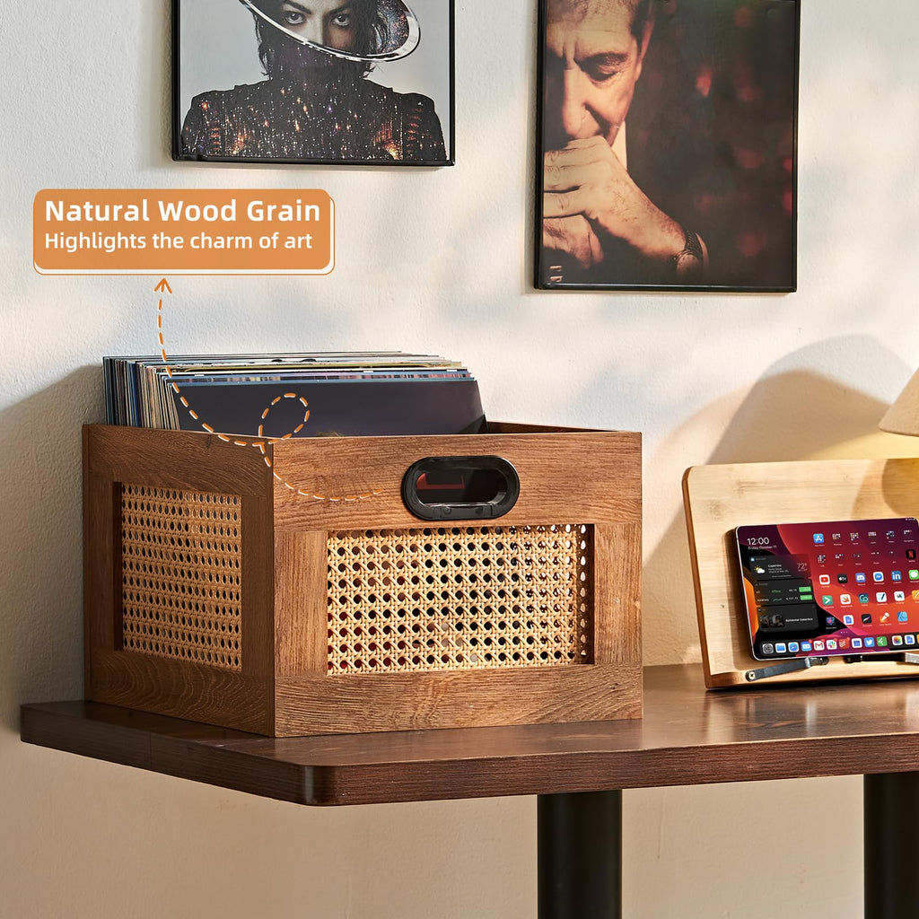 LEYAOYAO Vinyl Record Storage, Rattan Record Crate for Vinyl Albums Holder