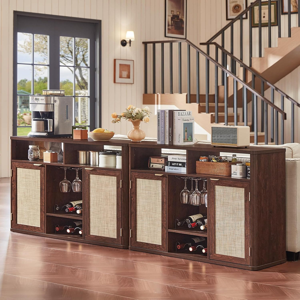 Lerliuo Rattan Wine Bar Cabinet with 2 Doors, Walnut