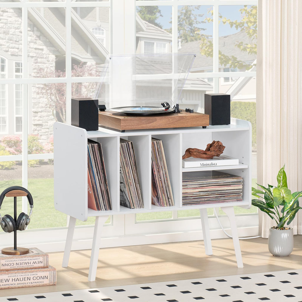 Lerliuo Record Player Stand with Charging Station Up to 220 Albums,Black