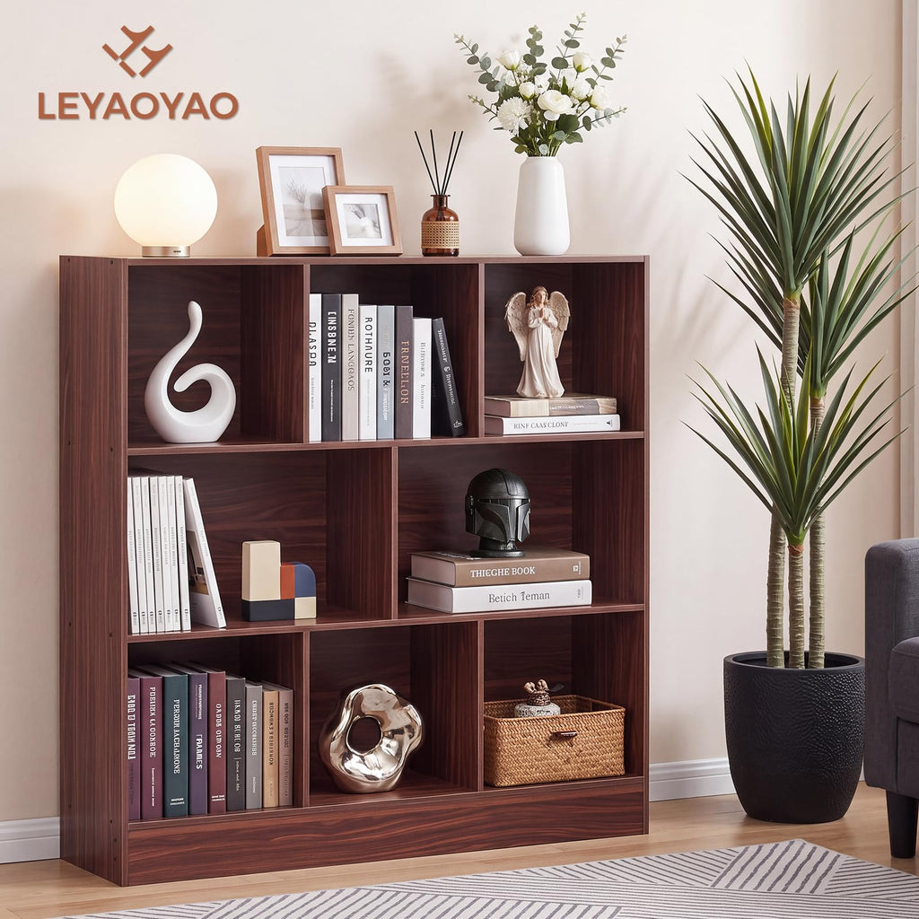 LEYAOYAO 7 Cube Bookshelf with Base,3 Tier Mid-Century Modern Blue Bookcase,Standing Wide Bookshelves Storage Organizer Shelf,Rustic Wood Display Cabinet Book Shelves for Bedroom,Living Room,Office