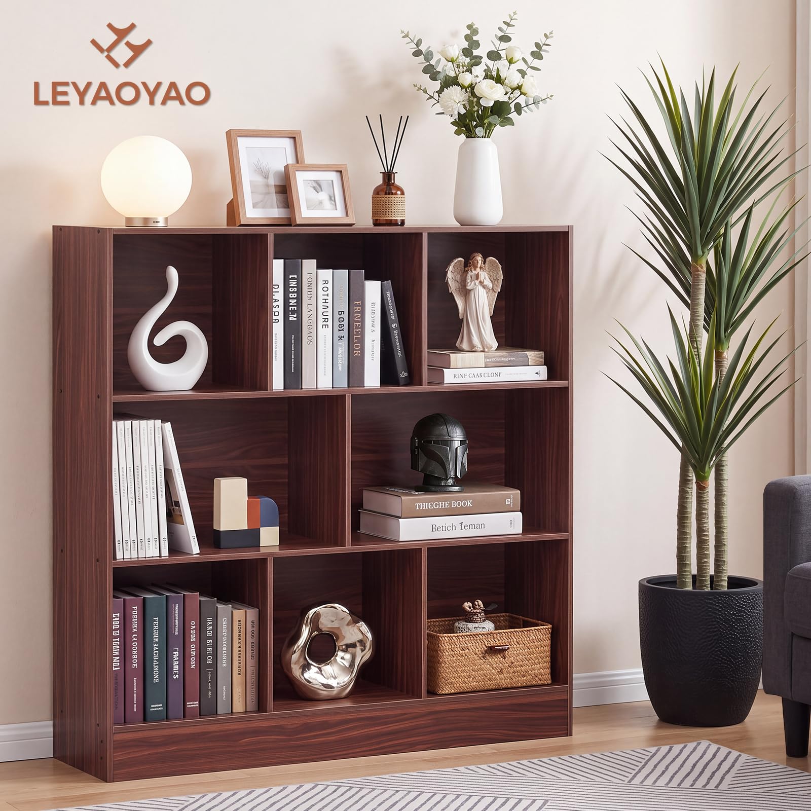 LEYAOYAO 7 Cube Bookshelf with Base,3 Tier Mid-Century Modern Blue Bookcase,Standing Wide Bookshelves Storage Organizer Shelf,Rustic Wood Display Cabinet Book Shelves for Bedroom,Living Room,Office