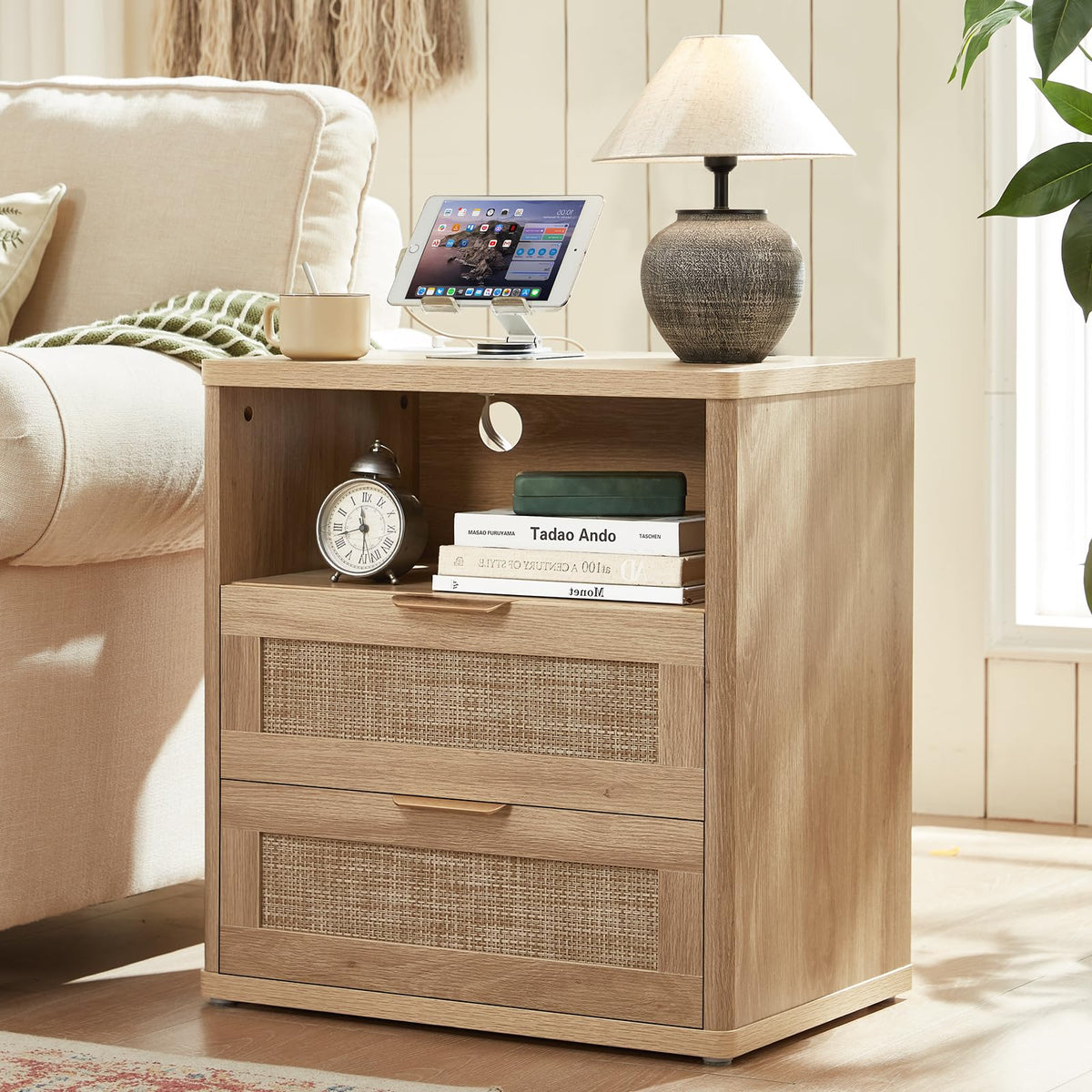Lerliuo Rattan NightStand with Charger Station, 23" Wide Boho Bedside Table with Drawers, Natural Wood Night Stand Open Storage Cabinet, Bed Side End Table Dresser for Living Room, Hallway, Bedroom