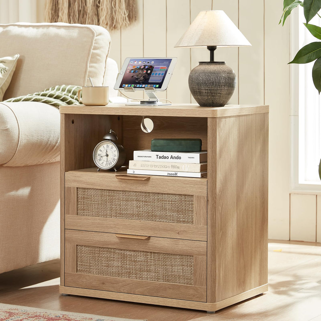 Lerliuo Rattan NightStand with Charger Station, 23" Wide Boho Bedside Table with Drawers, Natural Wood Night Stand Open Storage Cabinet, Bed Side End Table Dresser for Living Room, Hallway, Bedroom