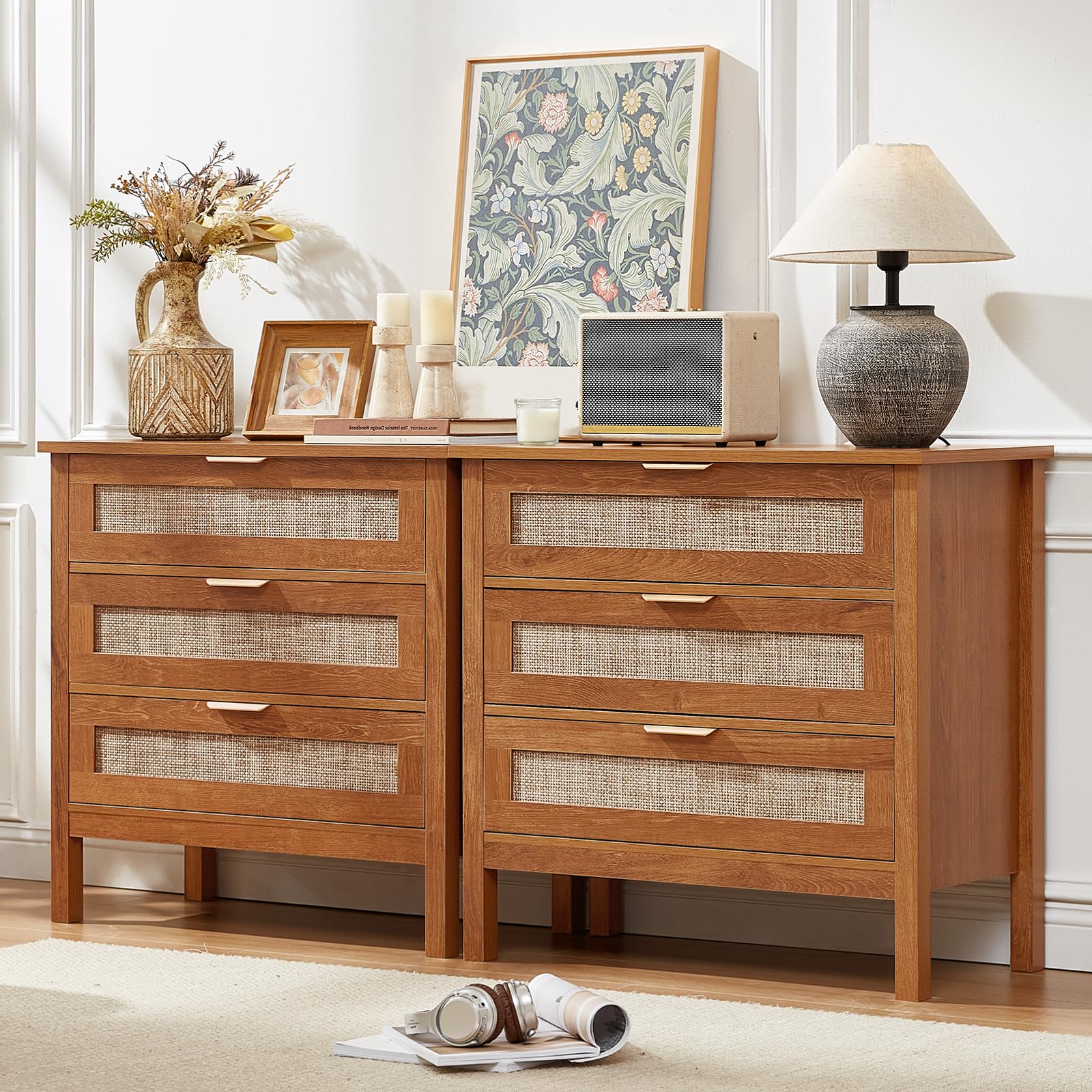 Lerliuo 31.5" Wide Rattan Nightstand,Oversized Large Boho Night Stand with 2 Drawers, 30" Tall Grey White Bedside Table with Storage Shelf, Bed Side End Tables for Bedroom, Living Room, Hallway