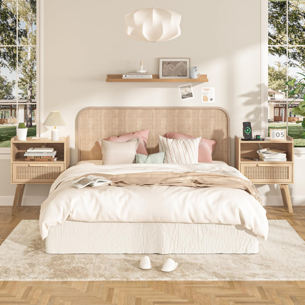 Lerliuo Rattan Nightstand, Boho Side Table with Drawer Open Shelf