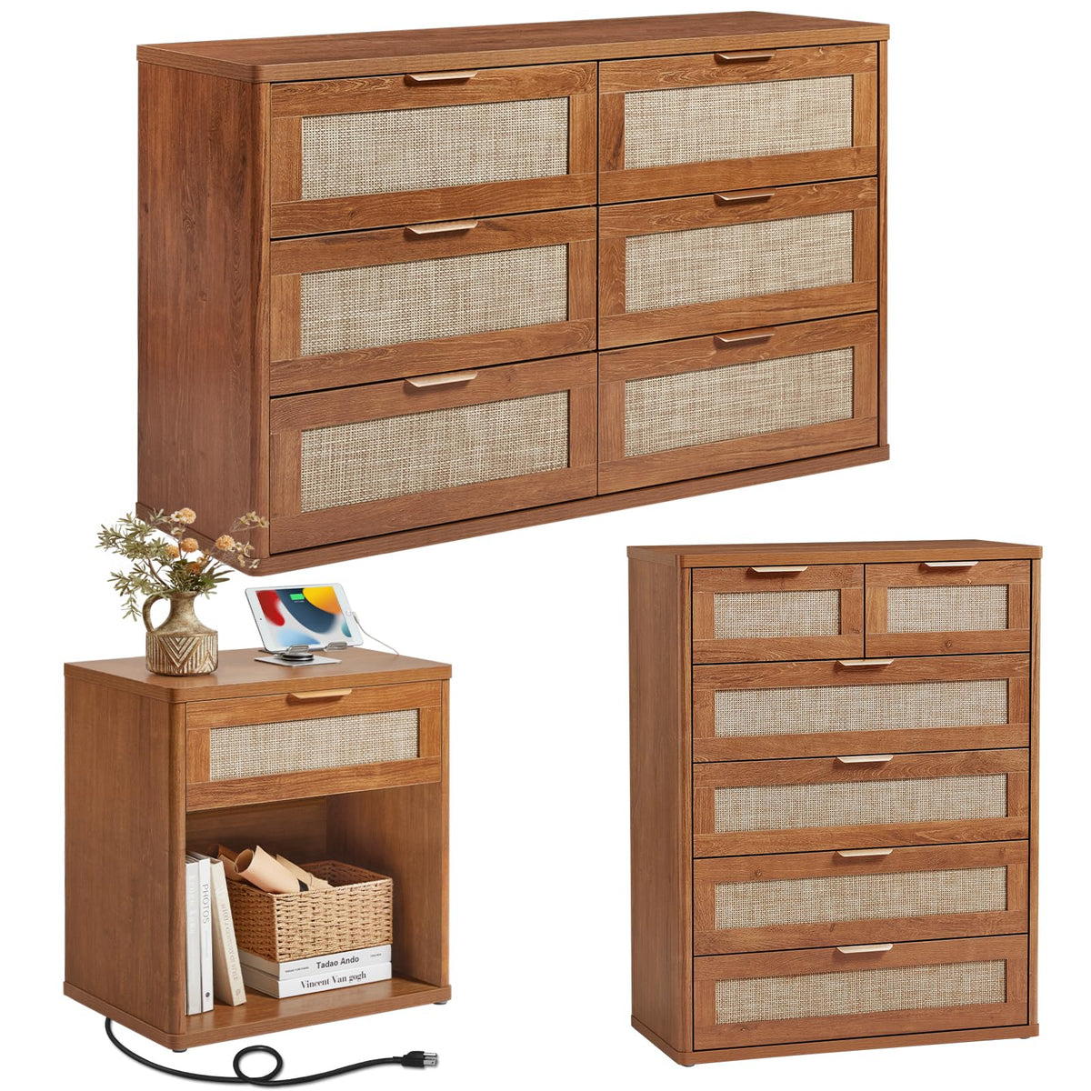 LEYAOYAO Rattan Dressers & Night Stand Set of 3, Boho Wood 48" Wide Dresser & 41"Tall Chest of Drawers, 23" with Charging Station Nightstand, Bedroom Furniture Dresser Set for Home Living Room Hallway