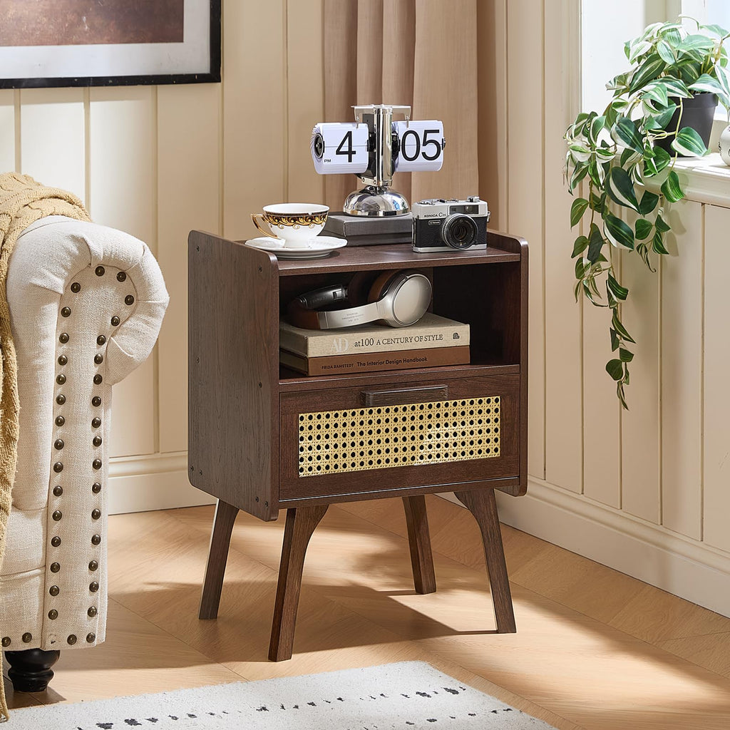 Lerliuo Rattan Nightstand, Boho Side Table with Drawer Open Shelf