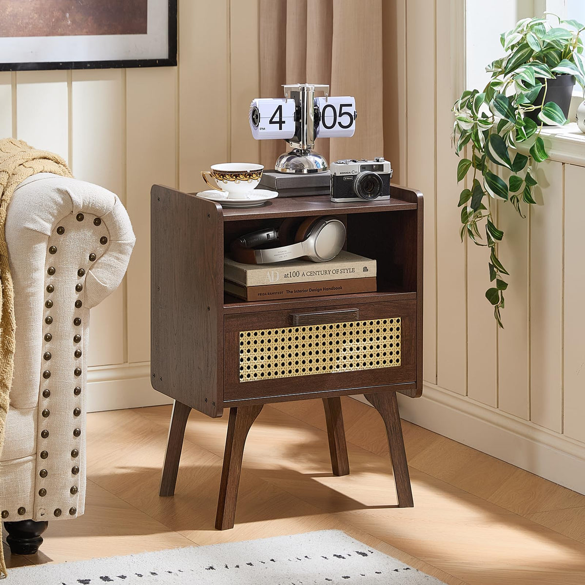 Lerliuo Rattan Nightstand, Boho Side Table with Drawer Open Shelf