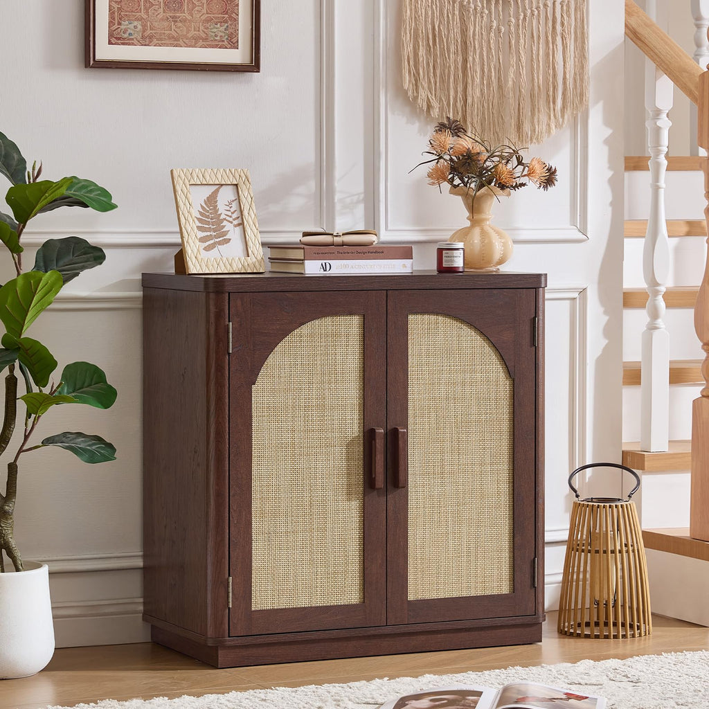 LEYAOYAO Rattan Sideboard Buffet Cabinet with Storage, 31.5" Coffee Bar Cabinet with Arch Doors & Adjustable Shelves, Wood Credenza, Boho Accent Cabinet for Kitchen, Living Room, Natural