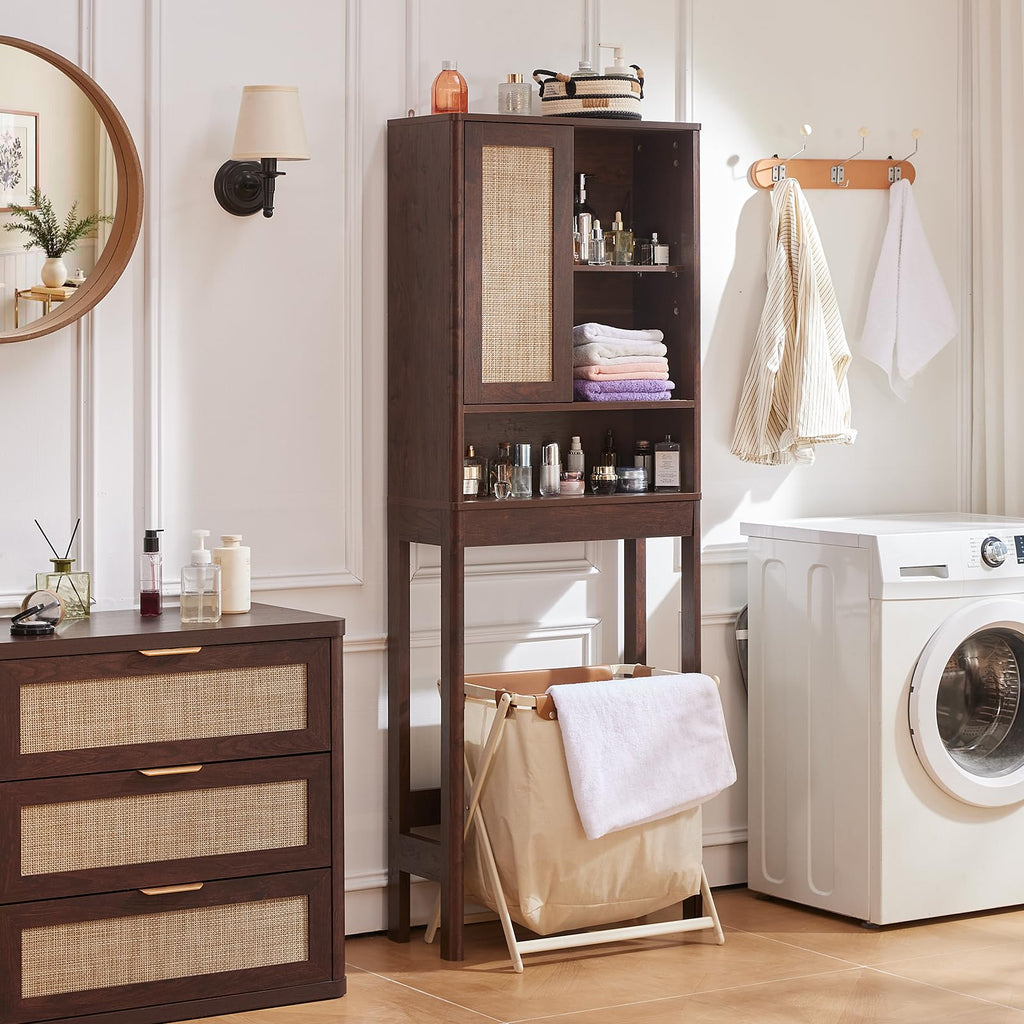LEYAOYAO 68" Boho Over the Toilet Storage Cabinet with Rattan Sliding Door