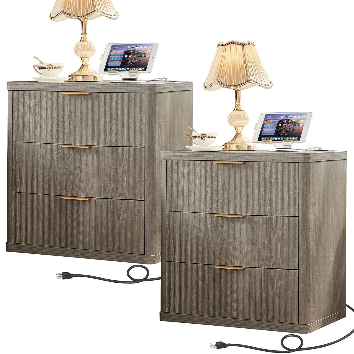 LEYAOYAO 23" Wide Fluted Night Stand with Charging Station, 3 Drawers Large End Table with Storage, LightGrey Nightstand Wood Bedside Tables, Farmhouse Cabinet Dresser for Bedroom, Closet