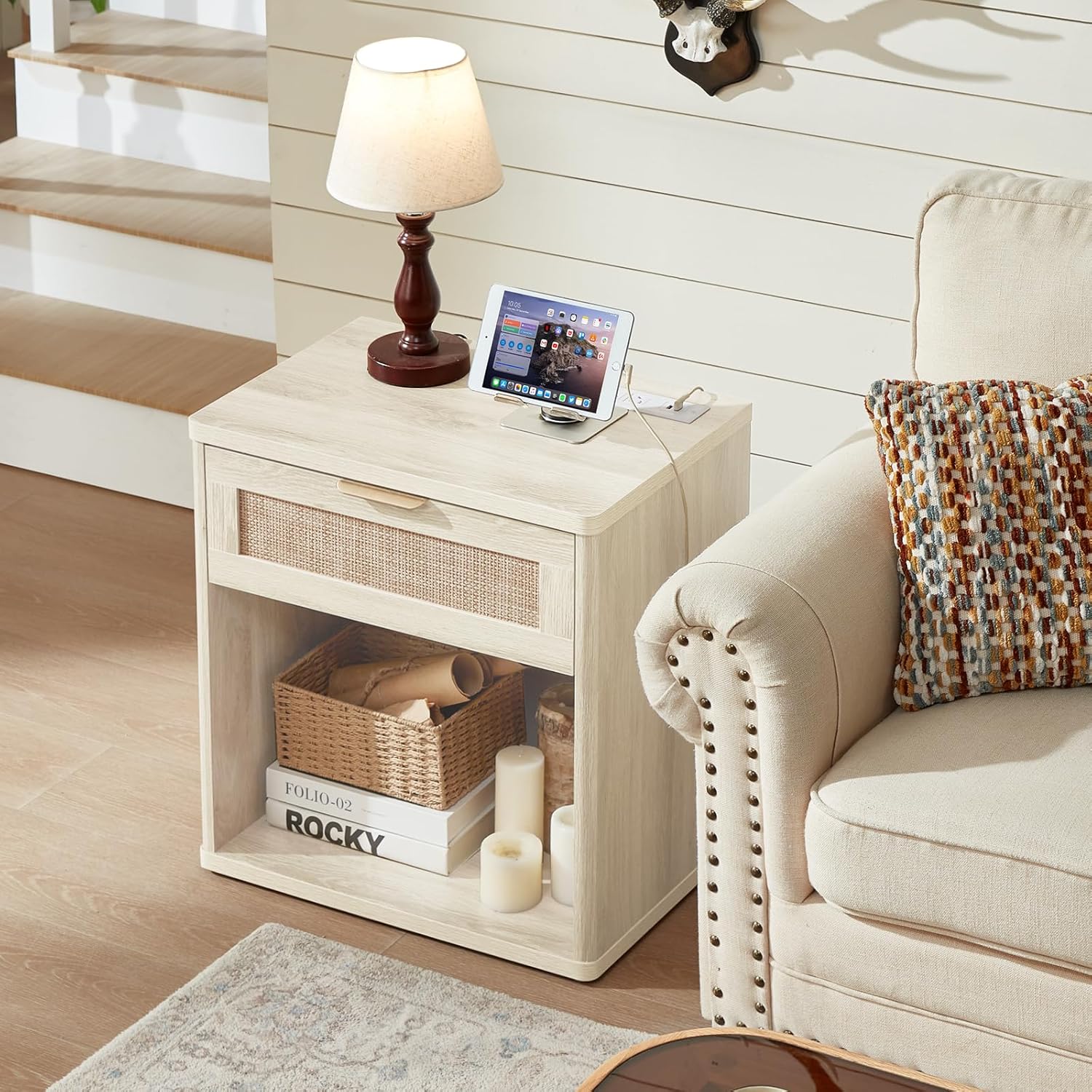 LEYAOYAO Rattan Dresser and Nightstand Set of 2, Boho Wood Dresser for Bedroom with 6 Drawers and Night Stand with Charging Station, Bedroom Furniture, Dressers & Chests of Drawers,Living Room,Hallway