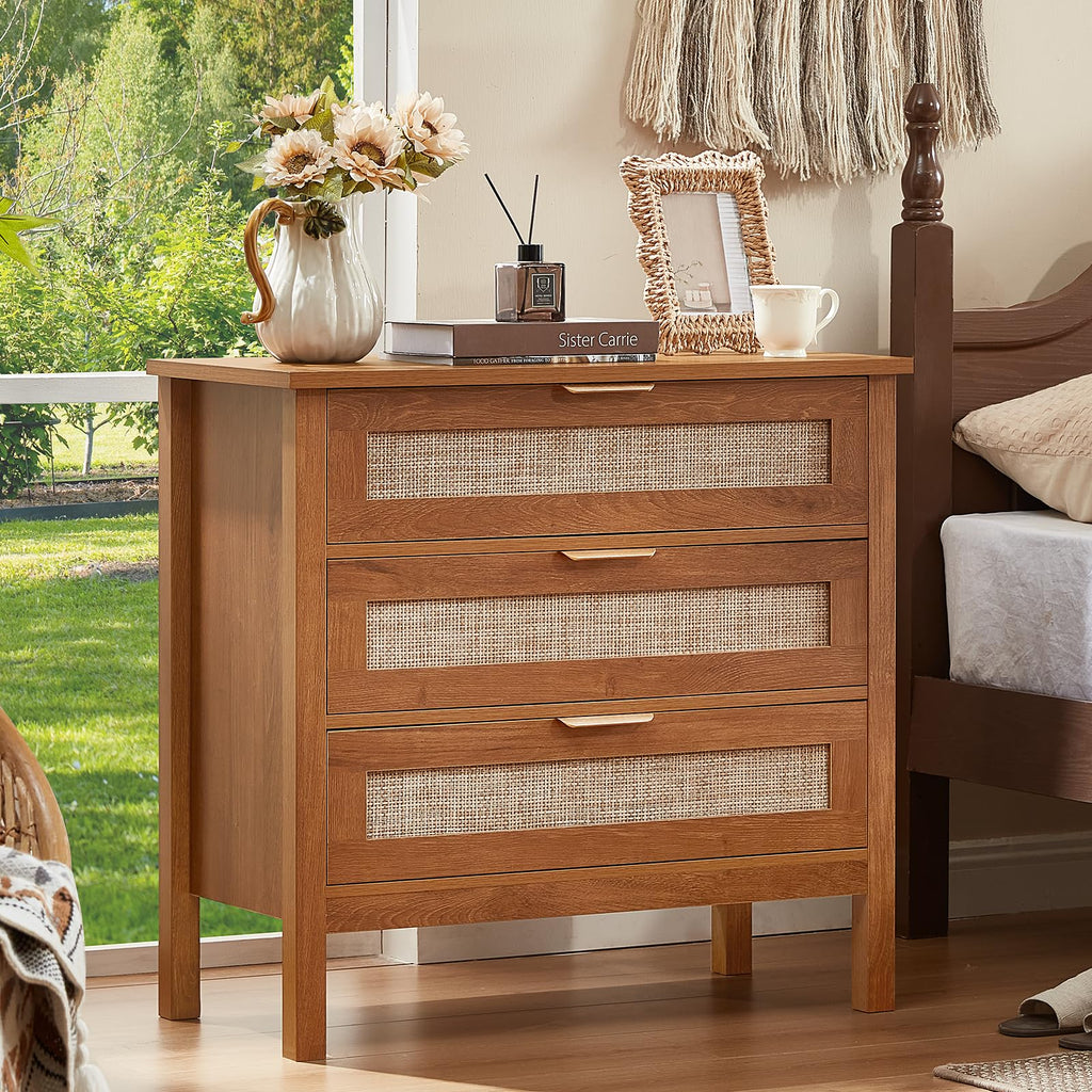 Lerliuo 31.5" Wide Rattan Nightstand,Oversized Large Boho Night Stand with 2 Drawers, 30" Tall Grey White Bedside Table with Storage Shelf, Bed Side End Tables for Bedroom, Living Room, Hallway