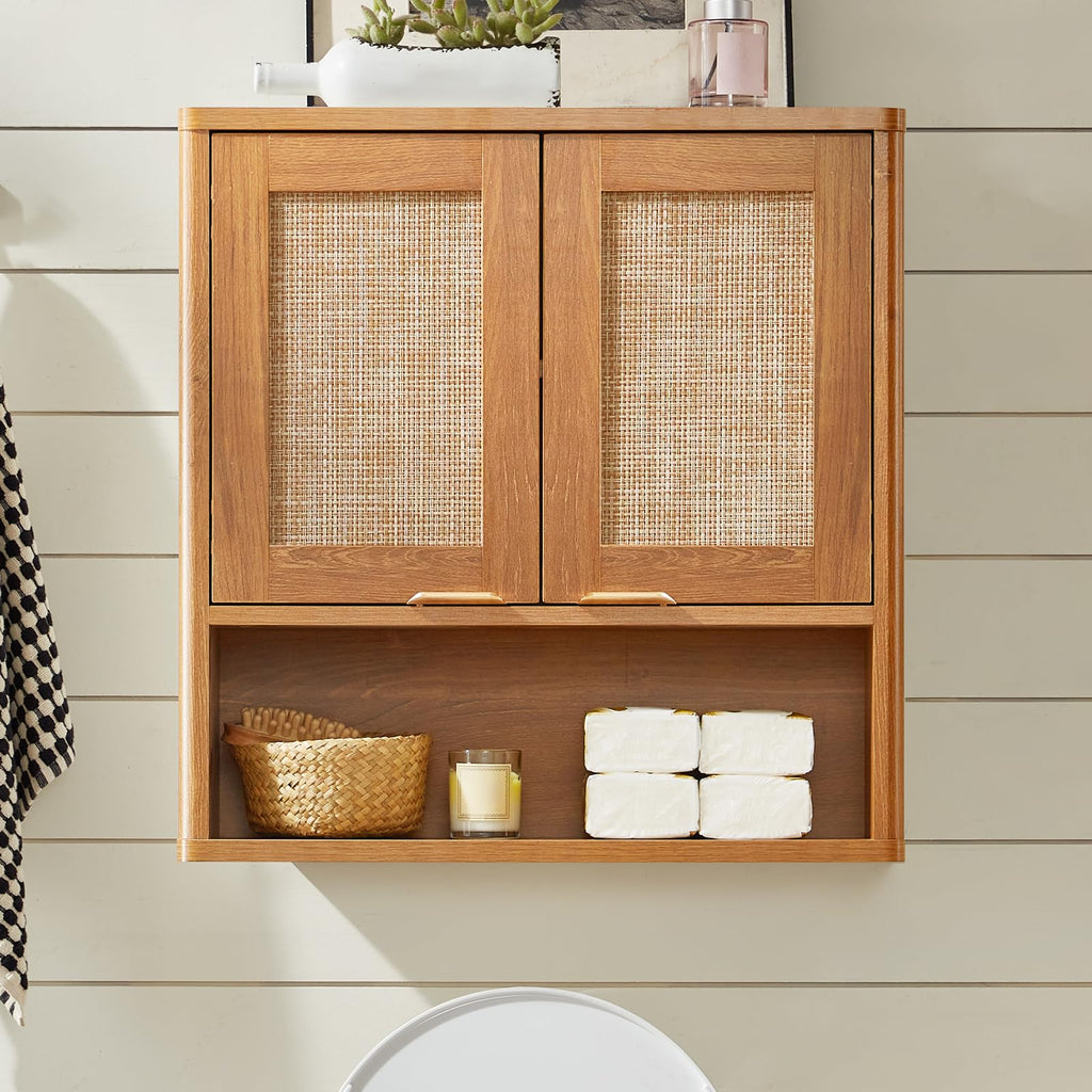 Lerliuo Rattan Bathroom Wall Cabinet, Boho Natural Medicine Cabinet with Adjustable Wood Shelf, 2 Doors Over The Toilet Storage Cabinets for Laundry Room, Kitchen, Living Room