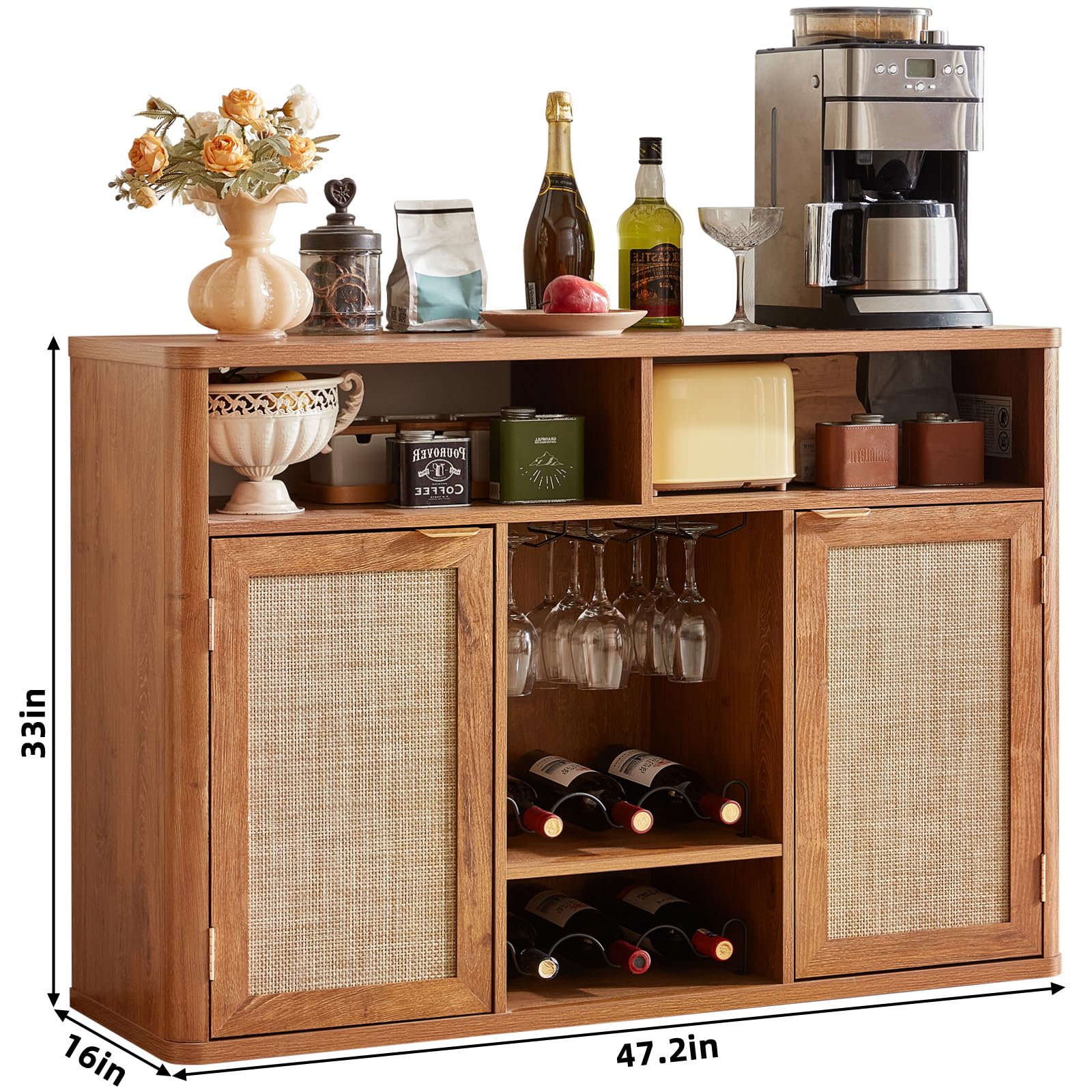 Lerliuo Rattan Wine Bar Cabinet with 2 Doors, Walnut