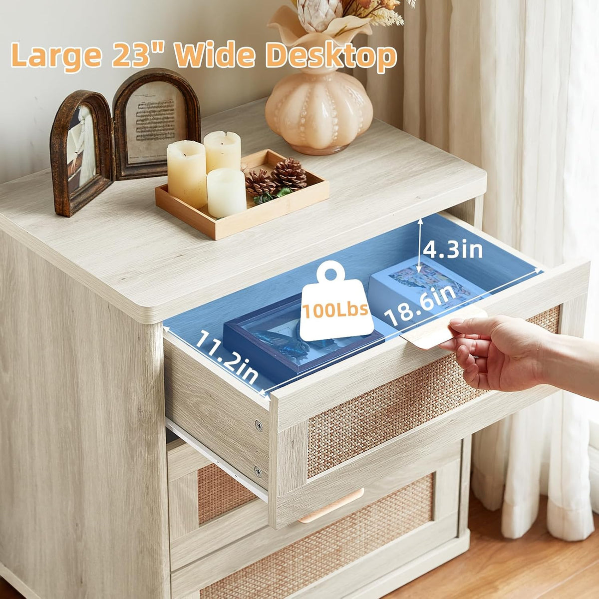 LEYAOYAO Rattan Night Stand Set 2 with Drawers, 23" Large Boho Nightstand, 3 Drawer Grey White Bedside Table Storage Cabinet, Bed Side End Tables Chest of Drawers, Living Room, Hallway, Closet
