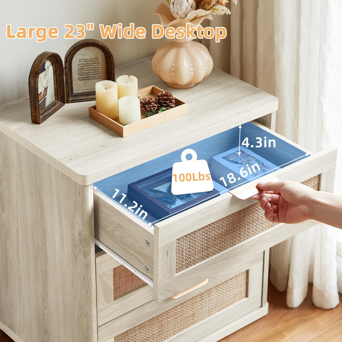 LEYAOYAO Rattan Dresser and Nightstand Set of 3, Boho Wood Dresser for Bedroom with 6 Drawers and Night Stand with Charging Station, Bedroom Furniture, Dressers & Chests of Drawers, Living Room