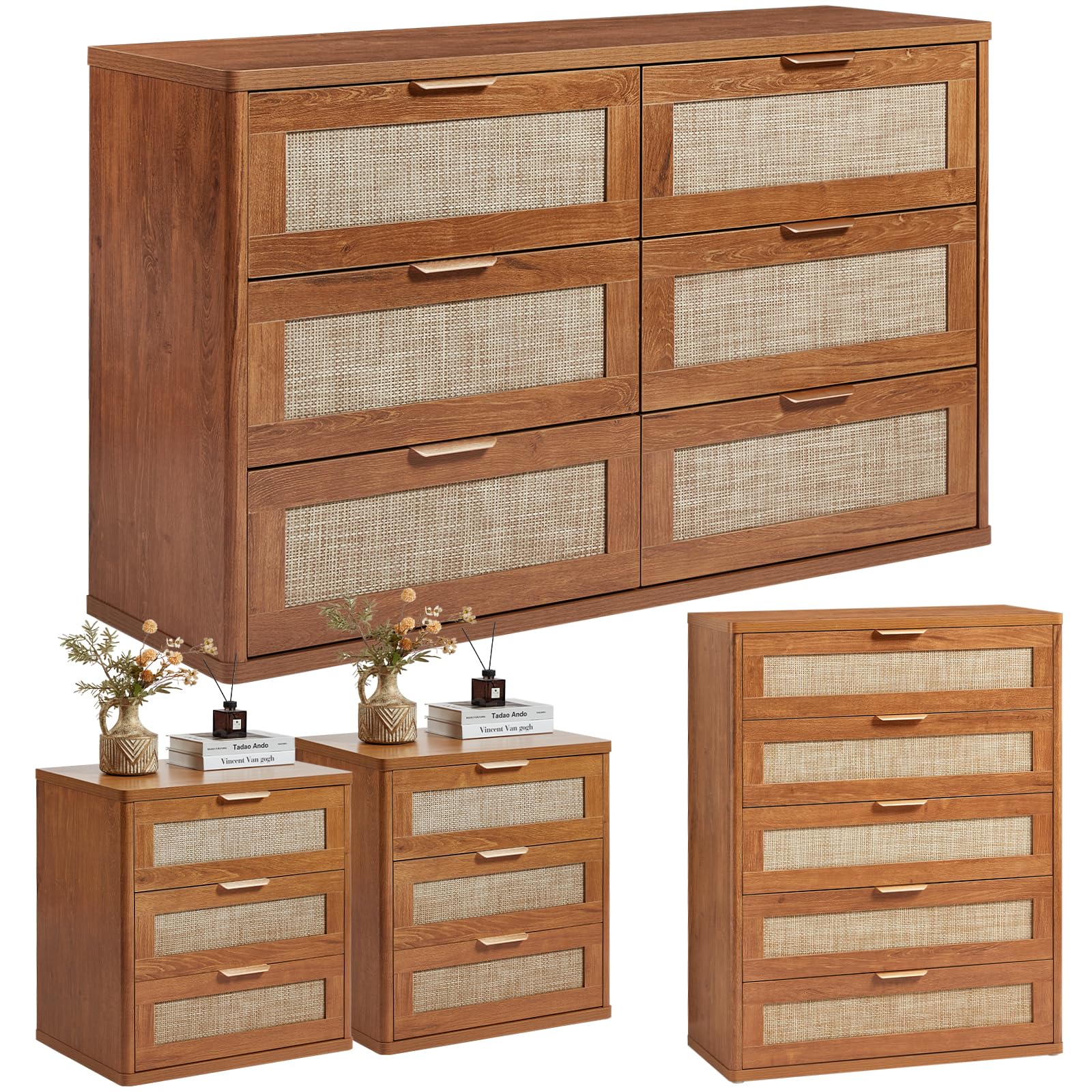 LEYAOYAO Rattan Dresser and Nightstand Sets 4 Piece, Grey White