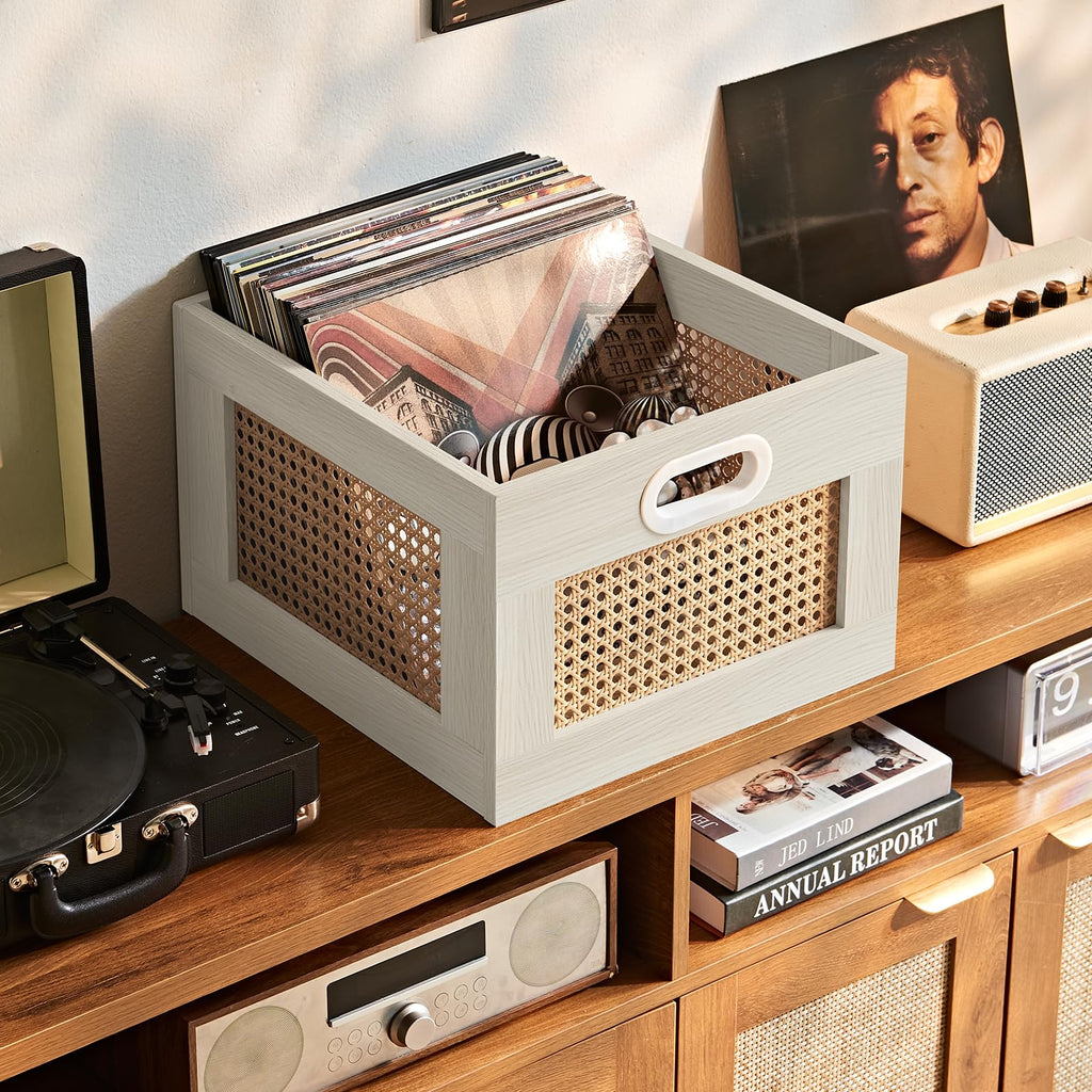 LEYAOYAO Vinyl Record Storage, Rattan Record Crate for Vinyl Albums Holder