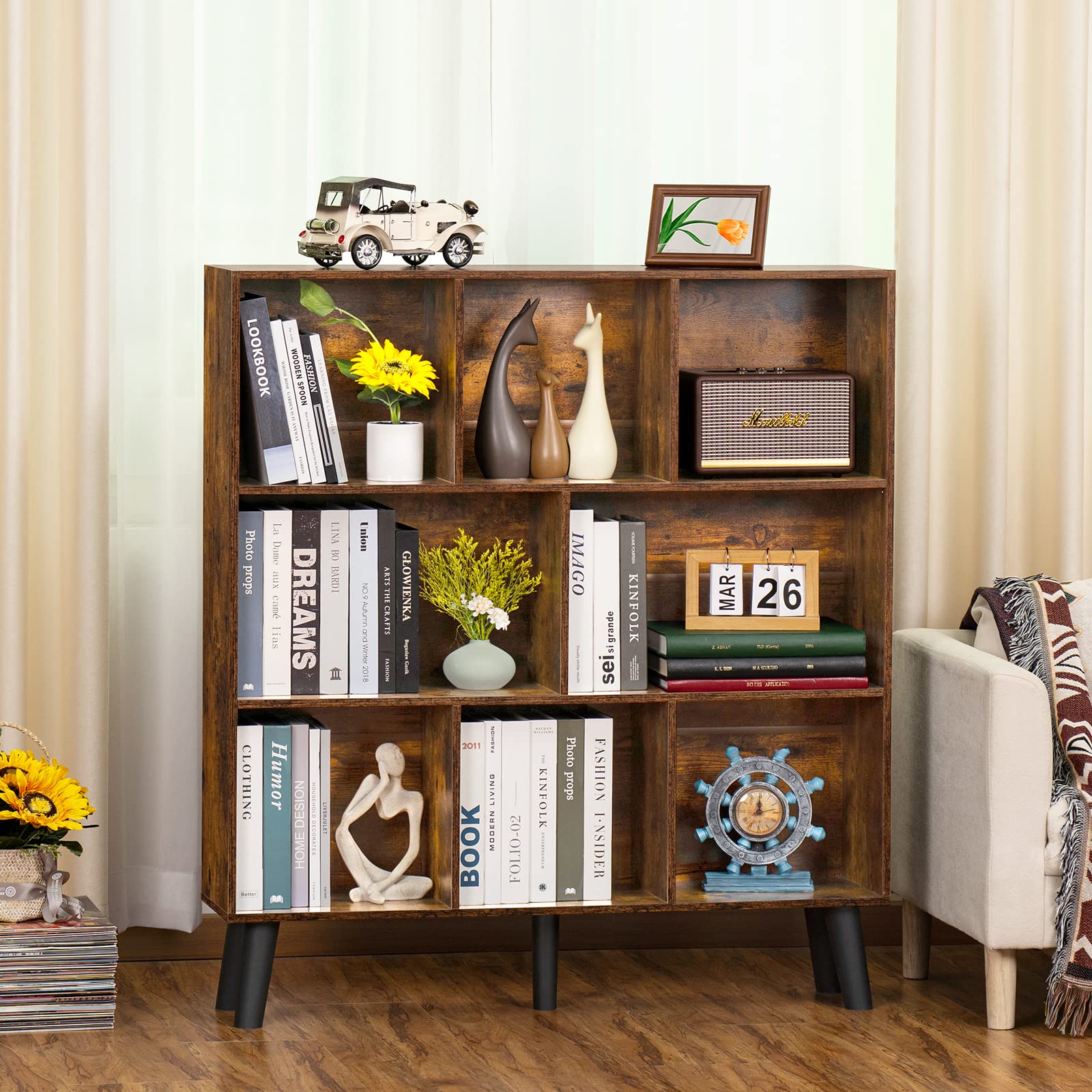 LEYAOYAO Cube Bookshelf, Mid-Century Modern Book Shelf with Legs, Brown