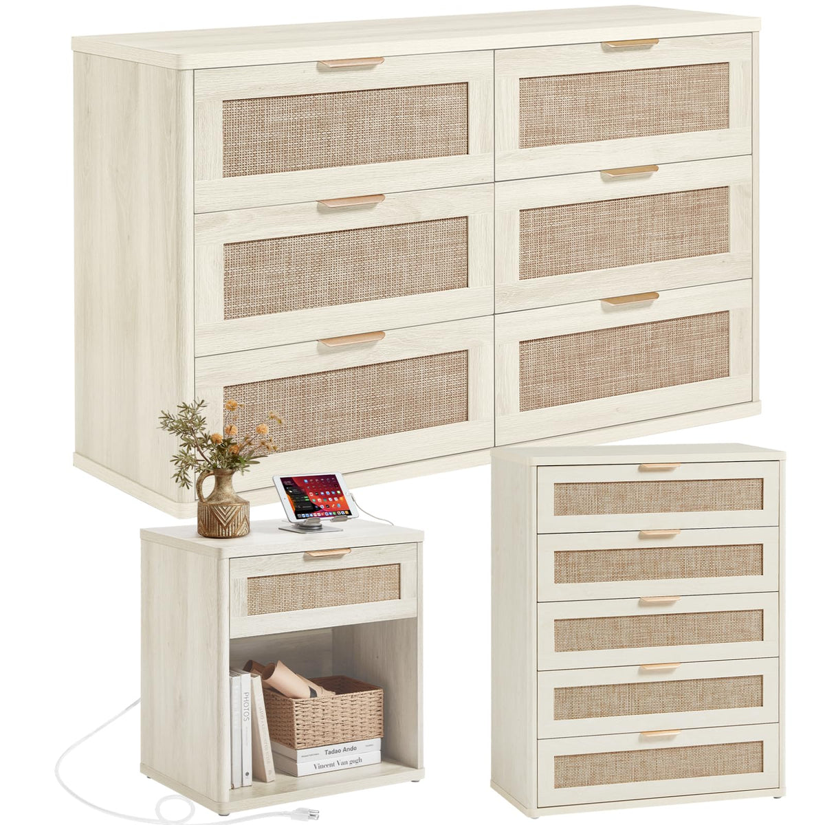 LEYAOYAO Rattan Dresser and Nightstand Set of 3, Boho Wood Dresser for Bedroom with 6 Drawers and Night Stand with Charging Station, Bedroom Furniture, Dressers & Chests of Drawers,Hallway,Living Room