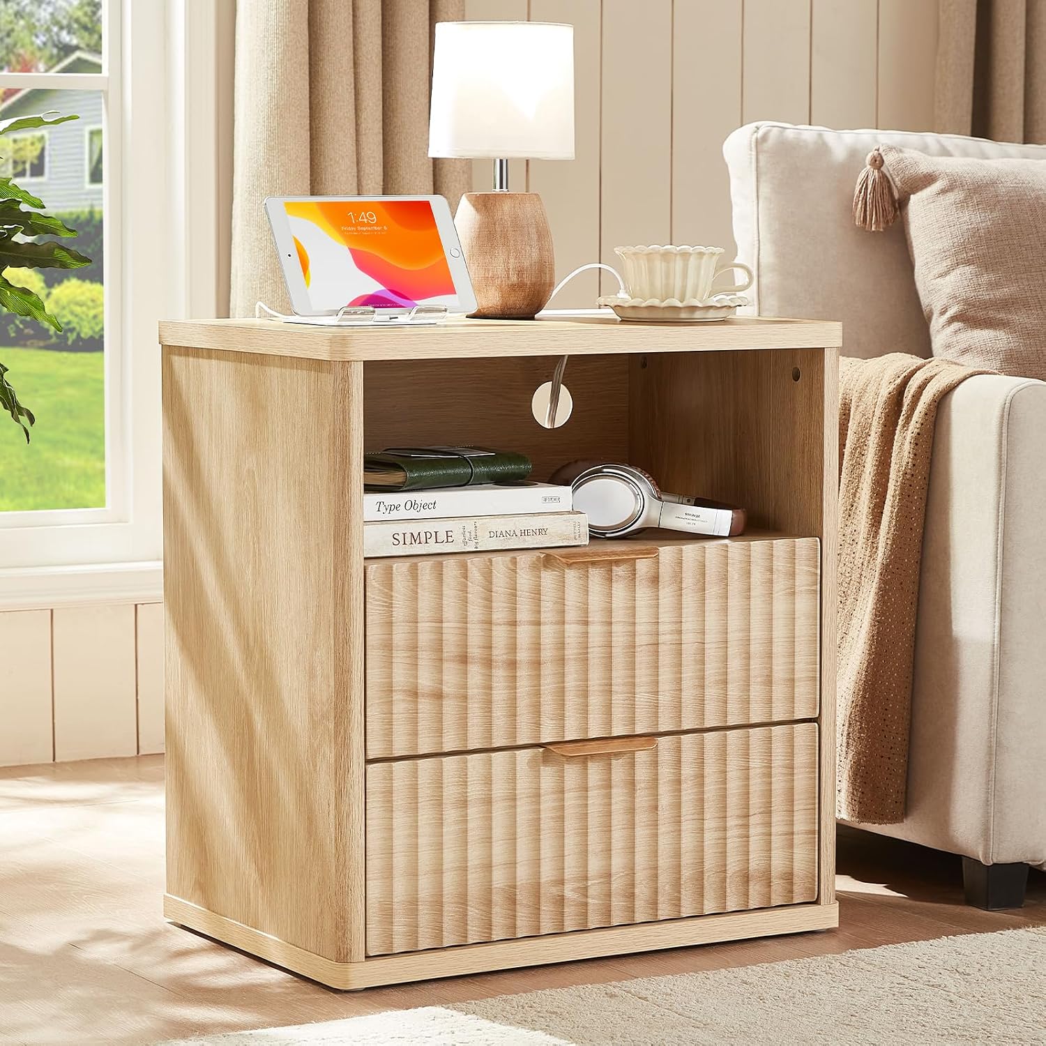 LEYAOYAO 23" Wide Fluted Night Stand with Charging Station, 3 Drawers Large End Table with Storage, Natural Nightstand Wood Bedside Tables, Farmhouse Cabinet Dresser for Bedroom, Closet