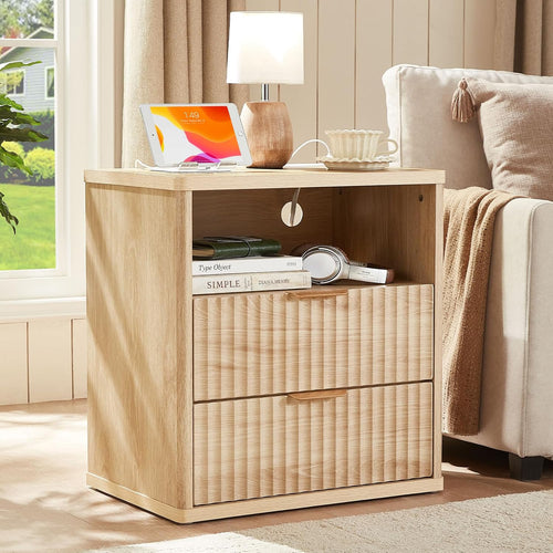 LEYAOYAO 23" Wide Fluted Night Stand with Charging Station, 3 Drawers Large End Table with Storage, Natural Nightstand Wood Bedside Tables, Farmhouse Cabinet Dresser for Bedroom, Closet