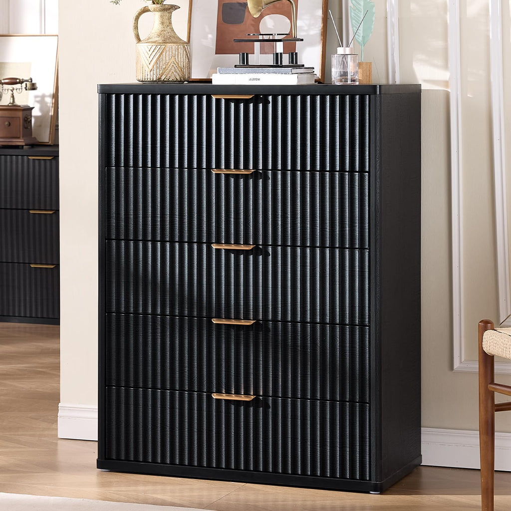 LEYAOYAO Fluted 5 Drawers Dresser for Bedroom, 41" Tall Modern Chest of Drawers with Metal Handle, Curved Profile Design,Natural Wood Drawer Organizer for Bedroom, Living Room, Hallway, Entryway
