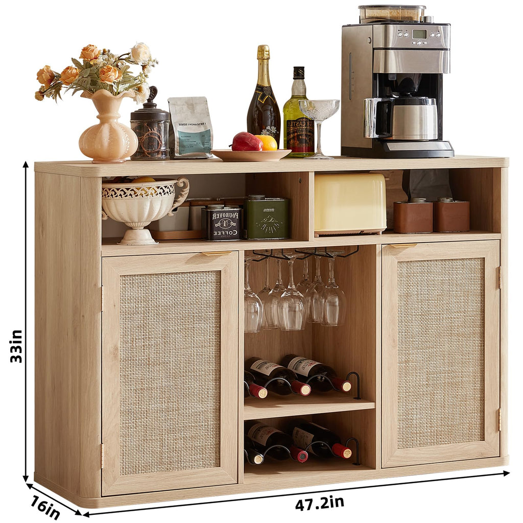 Lerliuo Rattan Wine Bar Cabinet with 2 Doors, Walnut