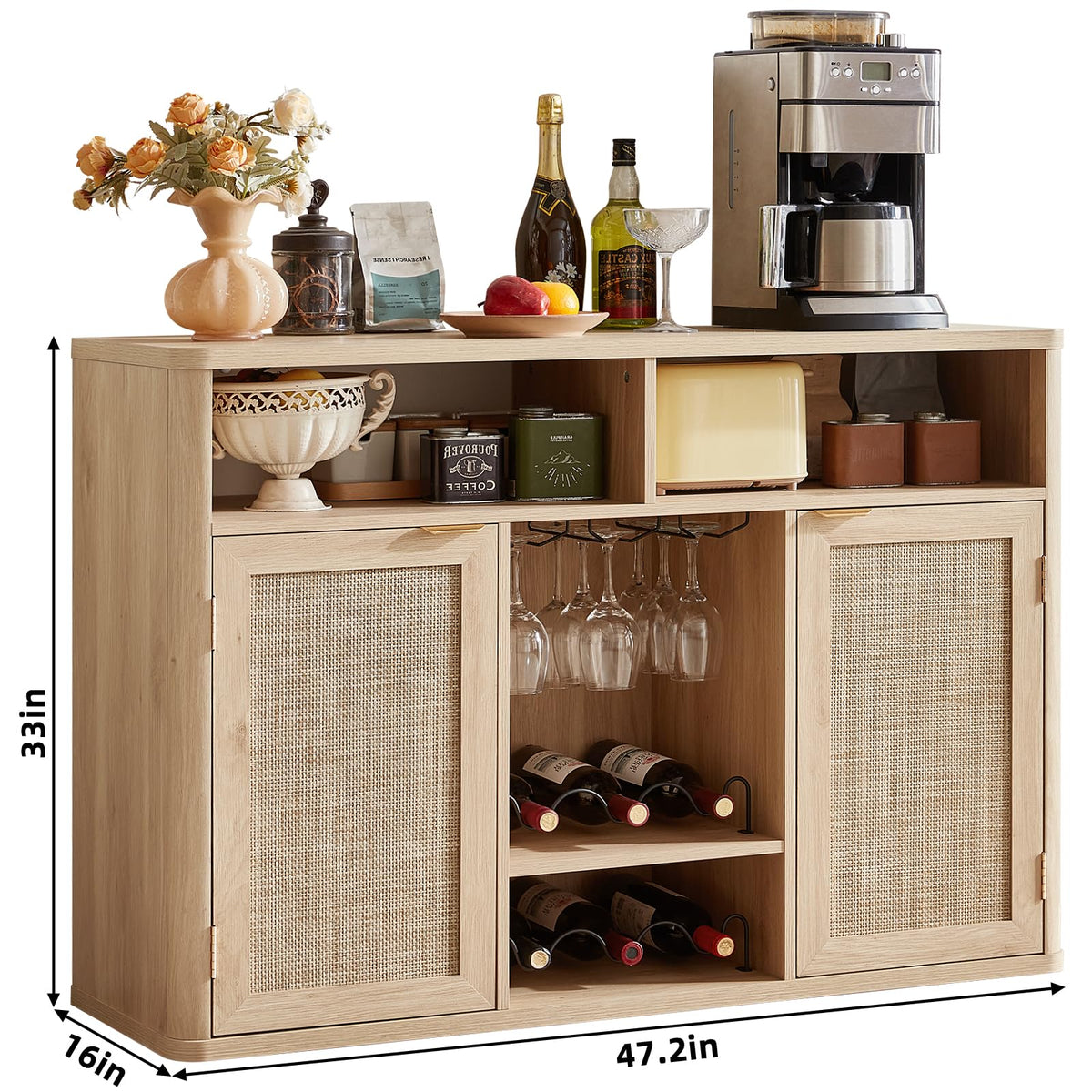 Lerliuo Rattan Wine Bar Cabinet with 2 Doors, Walnut