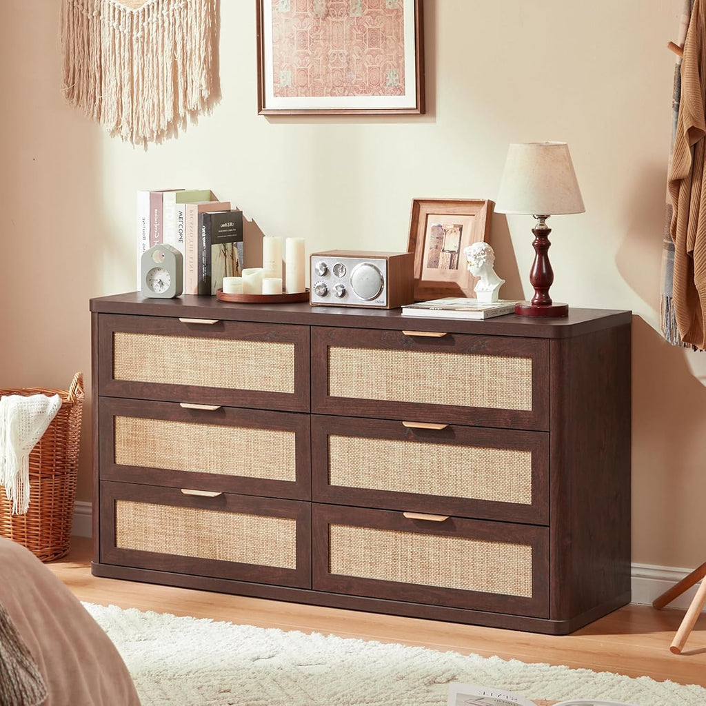LEYAOYAO Rattan 54'' Wide Dresser for Bedroom, Walnut