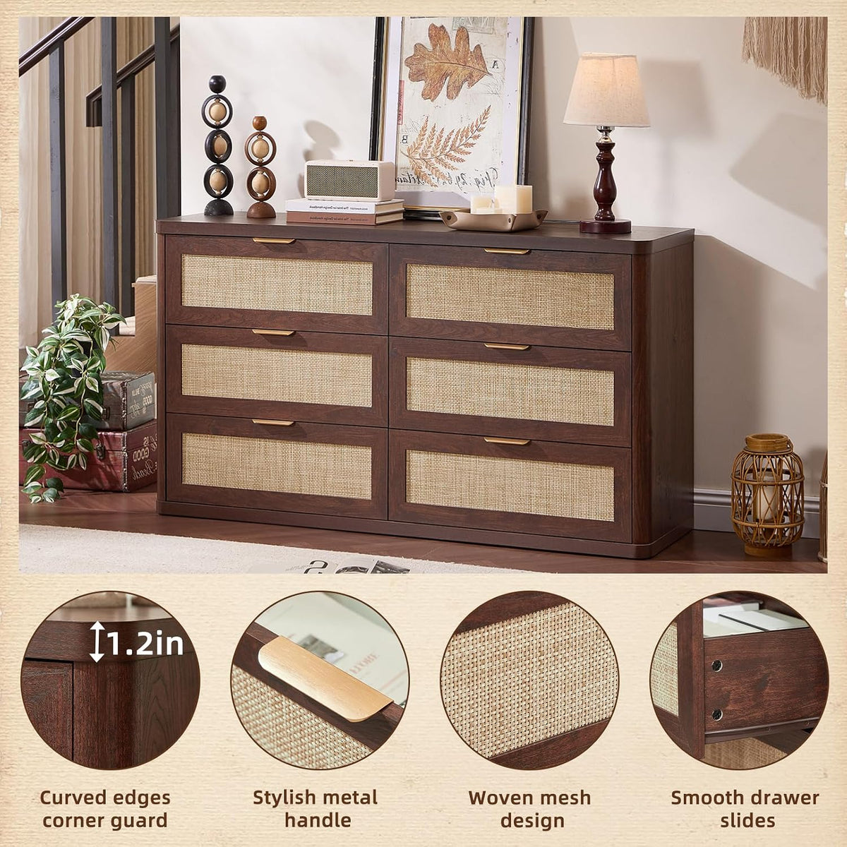 LEYAOYAO Rattan 23" Nightstands with Charger Station 2 Drawers