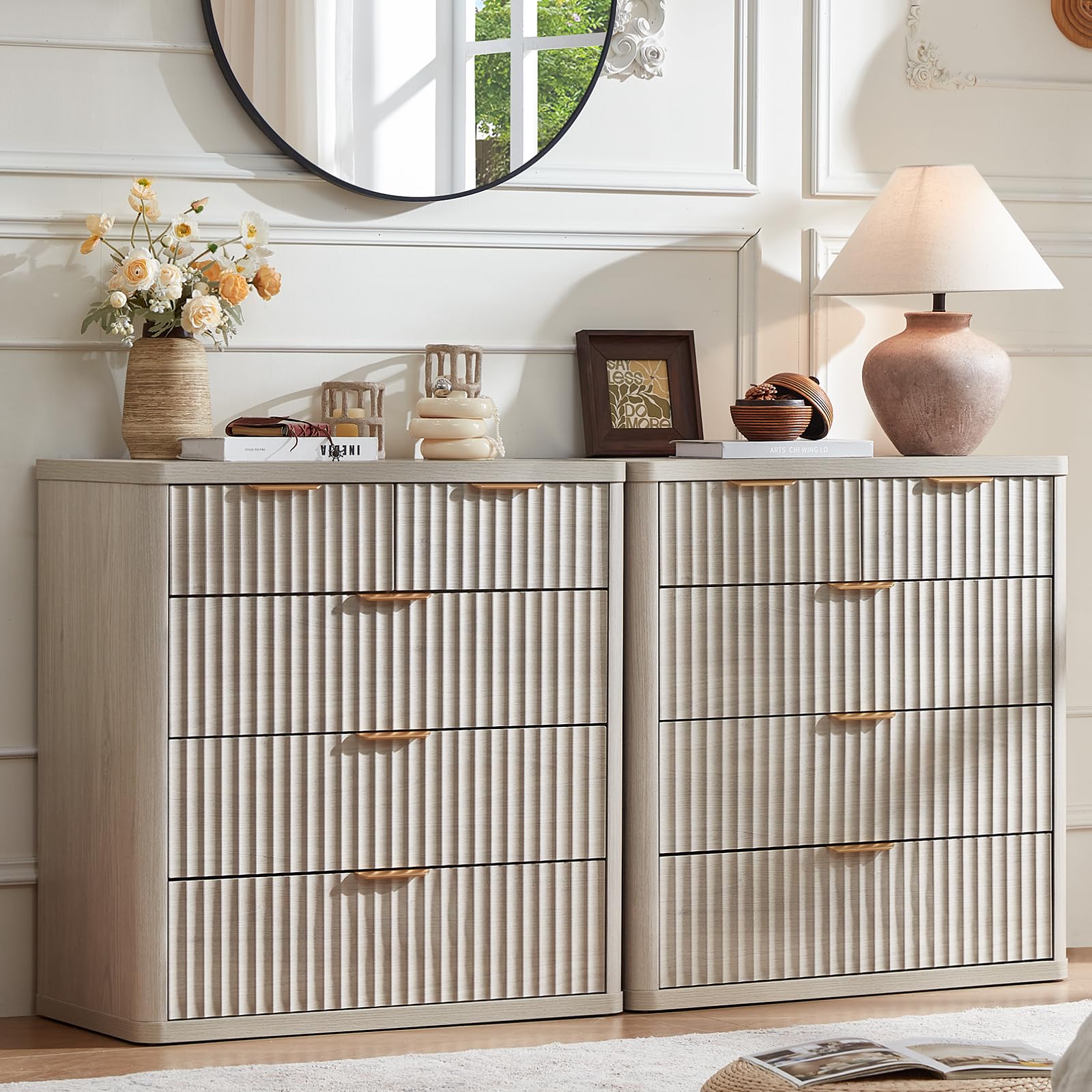 LEYAOYAO 23" Wide Fluted Night Stand with Charging Station, 3 Drawers Large End Table with Storage, LightGrey Nightstand Wood Bedside Tables, Farmhouse Cabinet Dresser for Bedroom, Closet