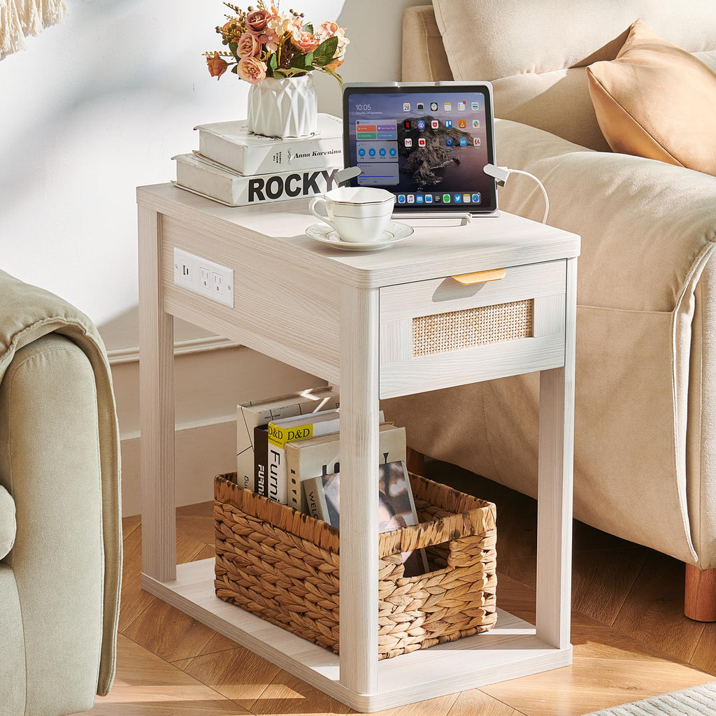 LEYAOYAO Narrow Side Table with Charging Station, Rattan 24 x 14''