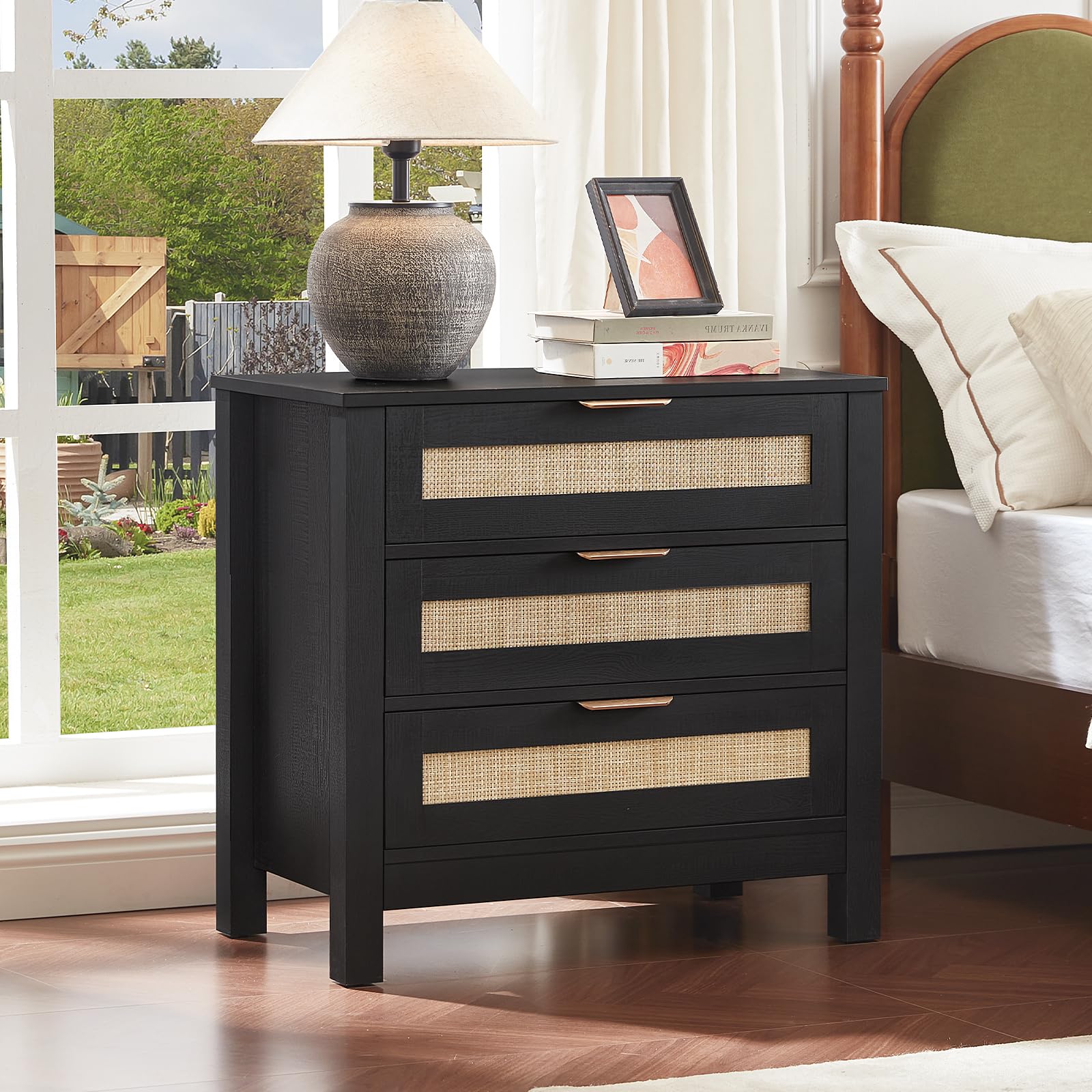 LEYAOYAO 26.8" Wide Rattan Nightstands Set of 2, Large Boho Night Stand