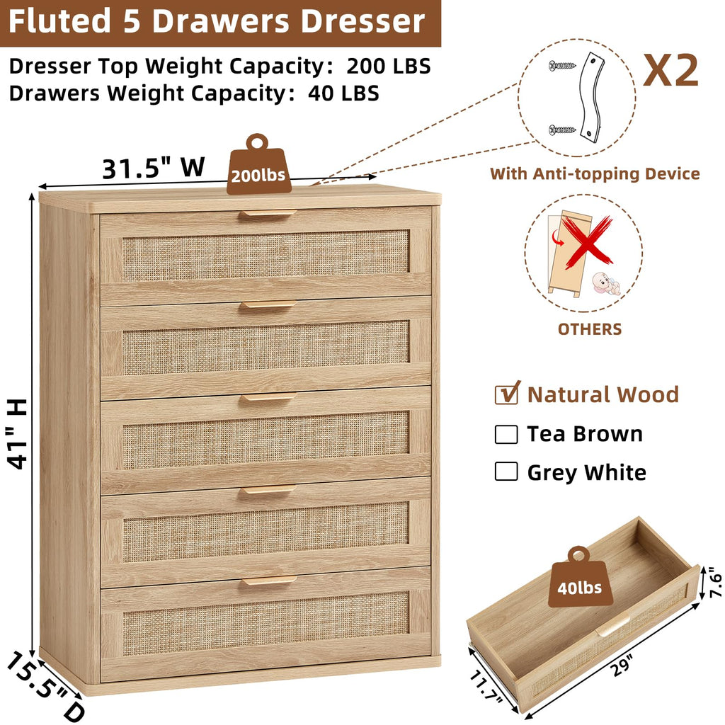 LEYAOYAO Rattan Dresser for Bedroom, 41" Tall Chest of Drawers