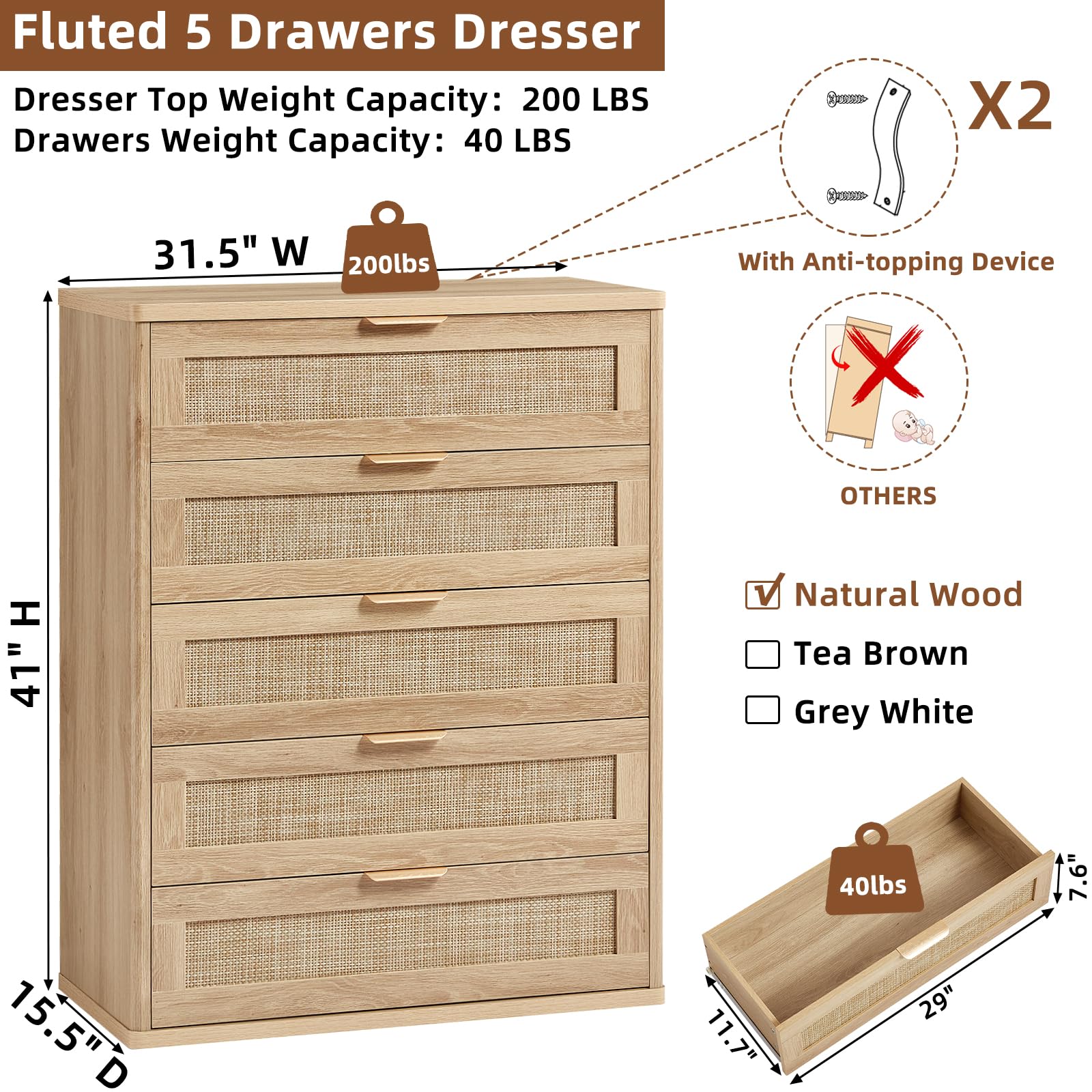 LEYAOYAO Rattan Dresser for Bedroom, 41" Tall Chest of Drawers