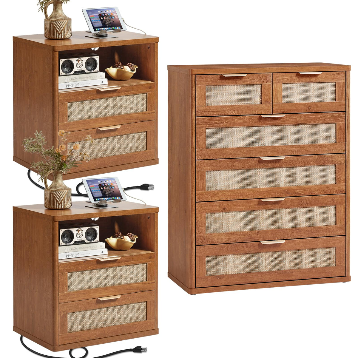 LEYAOYAO Rattan Dresser and Nightstand Set of 3, Boho Wood Dresser for Bedroom with 6 Drawers and Night Stand with Charging Station, Bedroom Furniture, Dressers & Chests of Drawers, Living Room