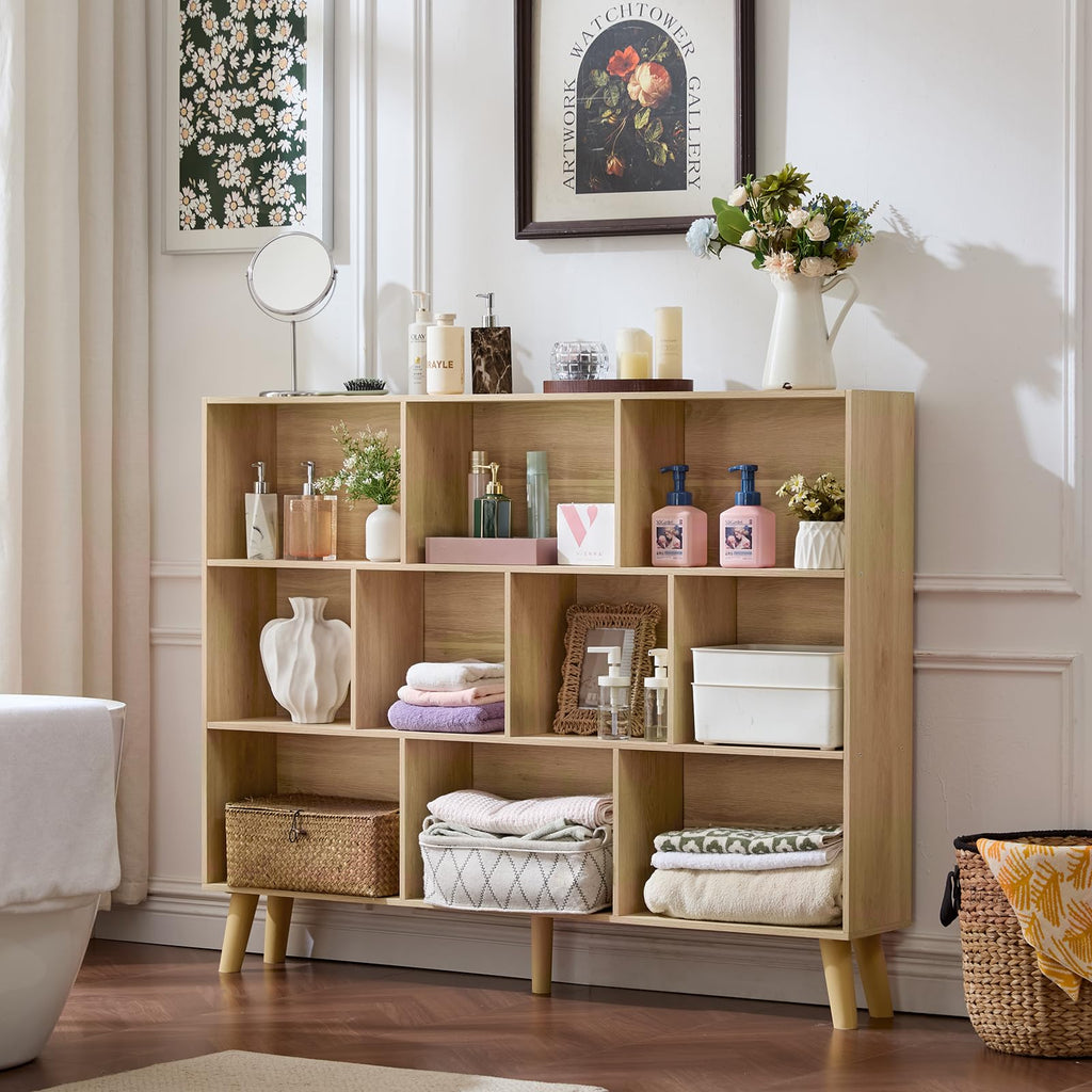 LEYAOYAO Cube Bookshelf, Mid-Century Modern Book Shelf with Legs, Brown