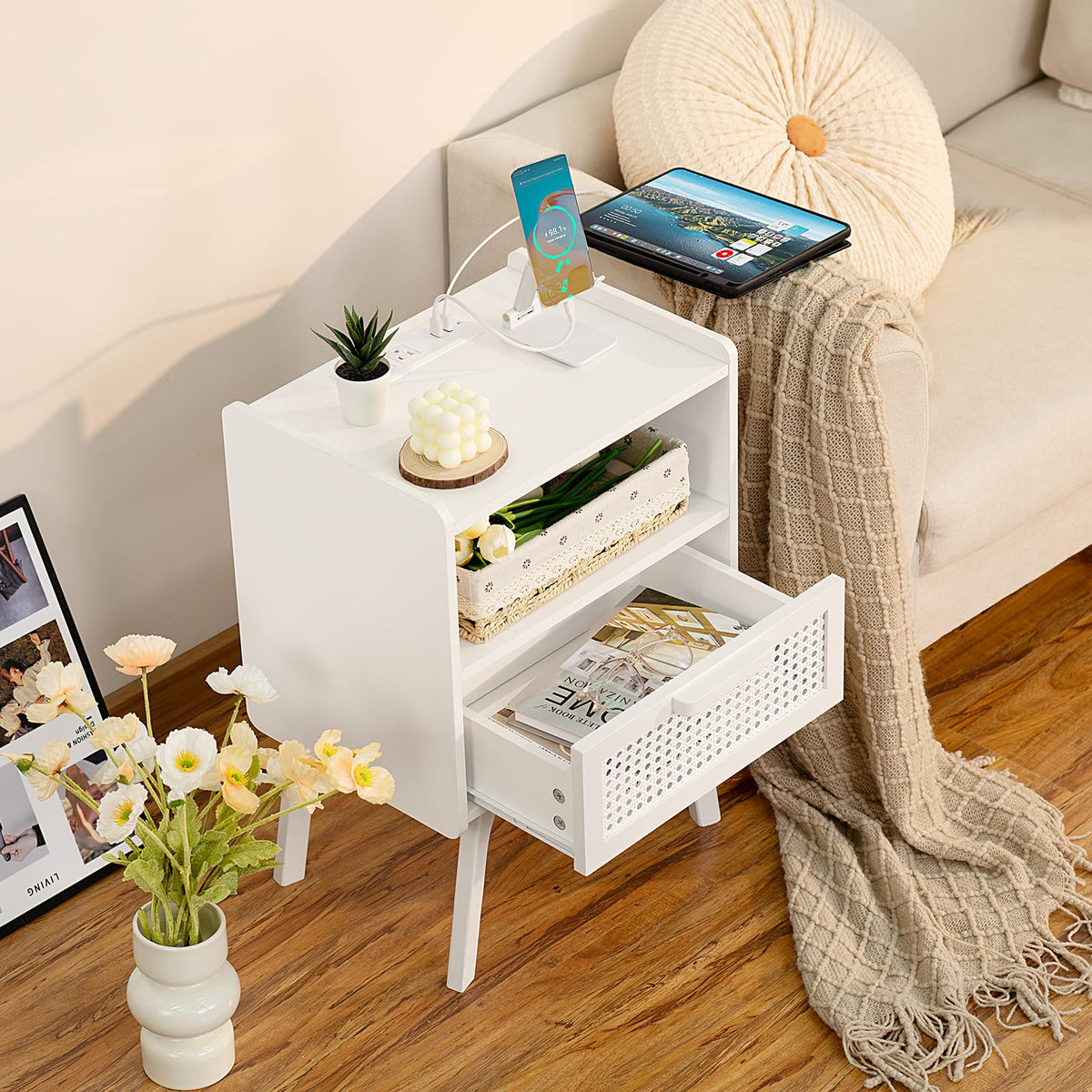 Lerliuo Rattan Nightstand with Charging Station, Boho Night Stand