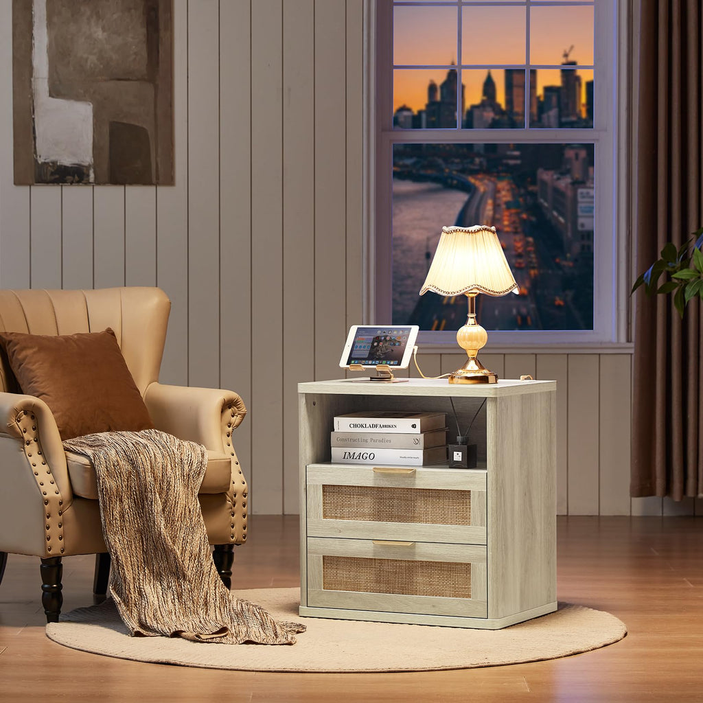 LEYAOYAO Rattan Nightstand Set of 2 with Charging Station, 1 & 2 Drawers Boho Night Stand Dresser for Bedroom, Natural Wood Bedside Table Open Storage Cabinet, Bed Side End Tables, Living Room,Hallway