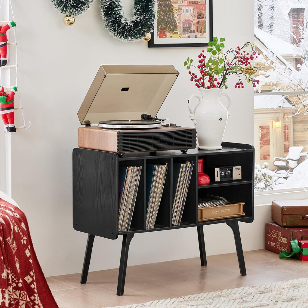 Lerliuo Record Player Stand with 4 Cabinet Holds Up to 220 Albums, Large Black Turntable Stand with Beech Wood Legs, Mid-Century Record Player Table, Vinyl Holder Storage Shelf for Bedroom Living Room