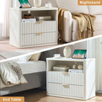 LEYAOYAO 31" Wide Fluted Nightstand with Charging Station, Oversized Extra Large 1 Drawer Night Stand with Golden Handle, Antique White Bedside Table Tall End Tables,for Bedroom, Living Room, Hallway