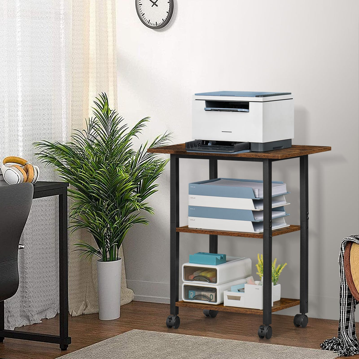 Lerliuo 3-Tier Printer Stand, Industrial Mobile Printer Table with Storage Shelf and Steel Frame, Rolling Printer Cart Holder with Lockable Wheels for Home, Office (White)