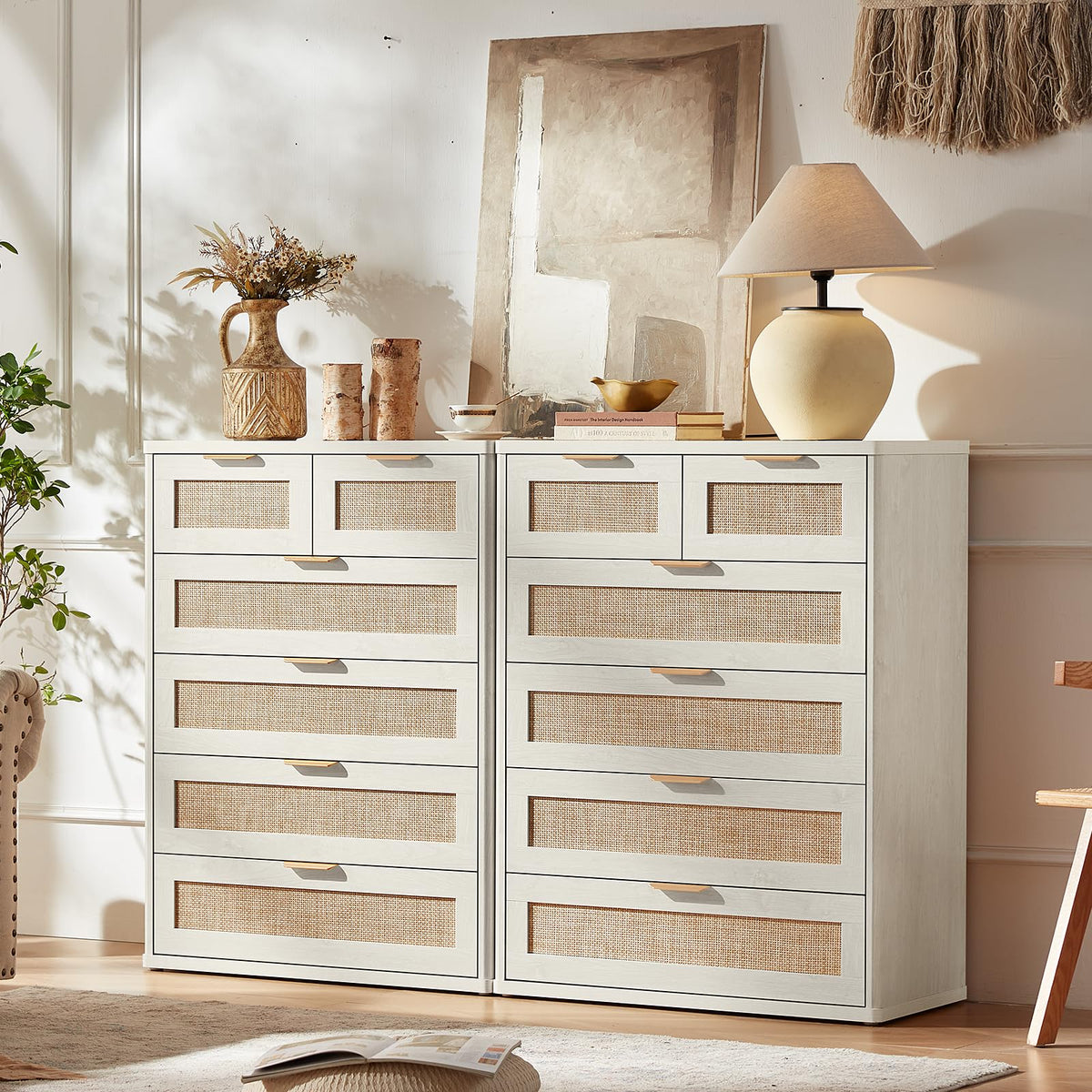 LEYAOYAO Rattan Bedroom Dresser Set of 2, Boho Wood 48" Wide 6 Drawers Dresser for Bedroom and 31.5" Tall 5 Drawers Dressers, Bedrooms Furniture, Dressers & Chests of Drawers, Living Room, Hallway