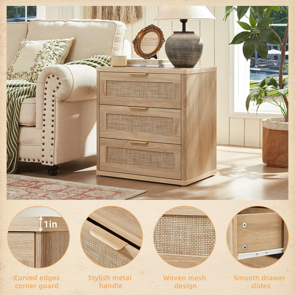 Lerliuo Rattan NightStand with Charger Station, 23" Wide Boho Bedside Table with Drawers, Natural Wood Night Stand Open Storage Cabinet, Bed Side End Table Dresser for Living Room, Hallway, Bedroom